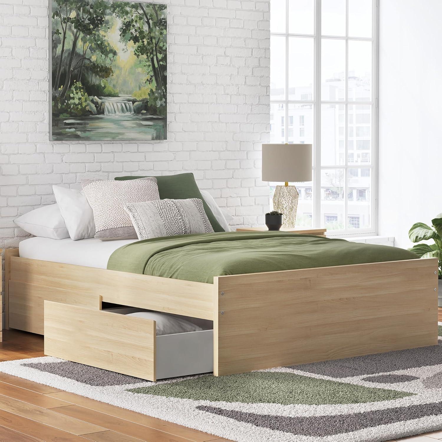 imageSignature Design by Ashley Onita Minimalist 4Drawer Full Platform Bed with 2 Side Storage Foundation or Box Spring Not Needed WhiteLight Brown
