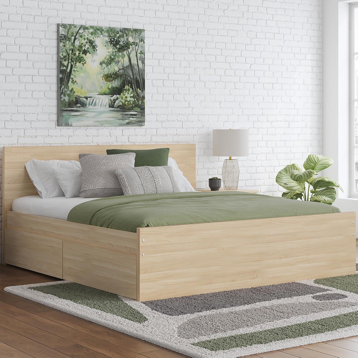 imageSignature Design by Ashley Onita Minimalist 4Drawer Full Platform Bed with 2 Side Storage Foundation or Box Spring Not Needed WhiteLight Brown