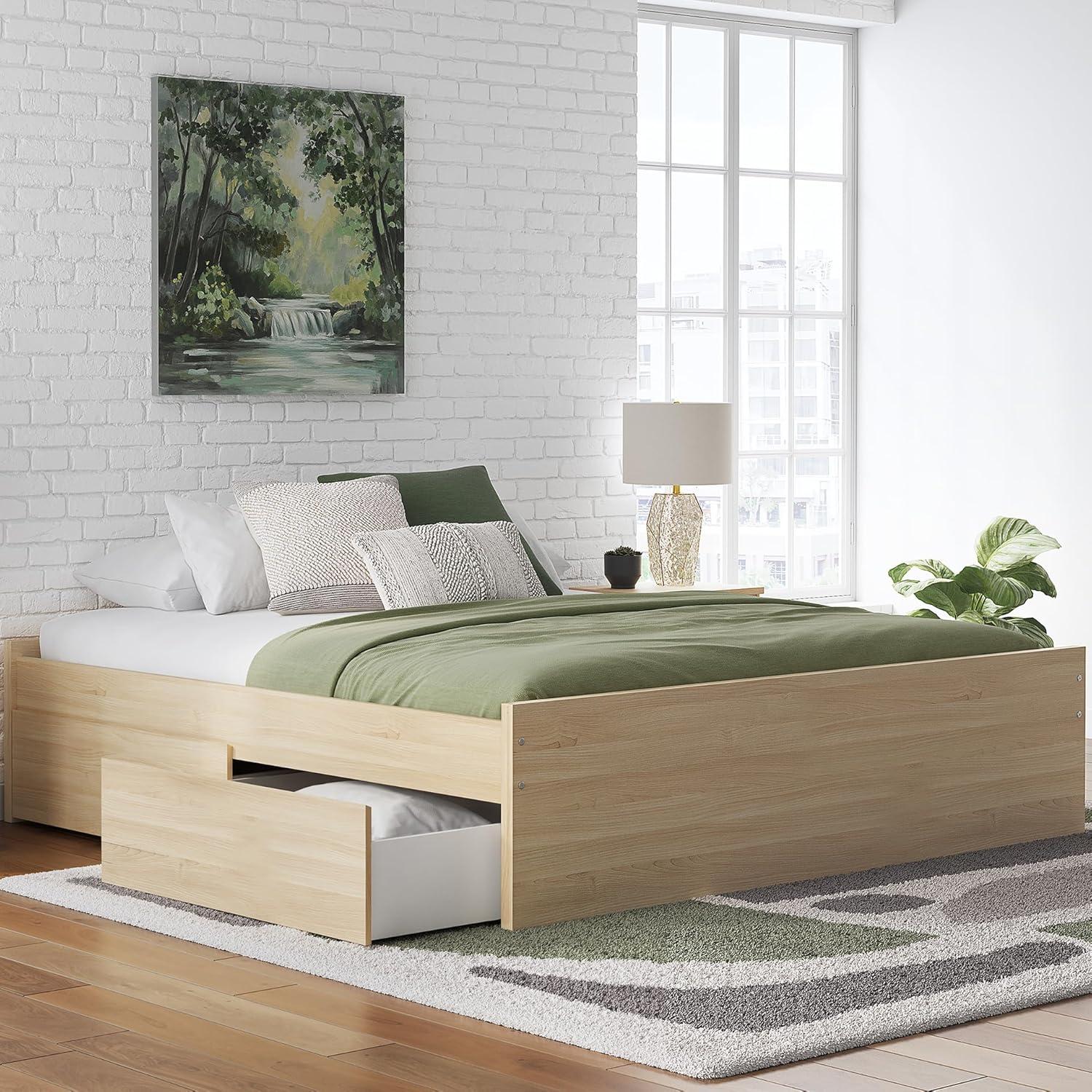 imageSignature Design by Ashley Onita Minimalist 4Drawer Full Platform Bed with 2 Side Storage Foundation or Box Spring Not Needed WhiteLight Brown