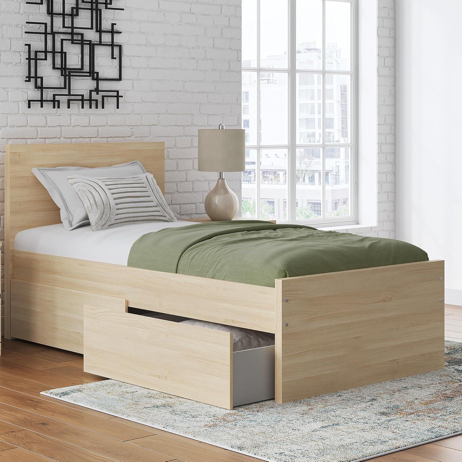 imageSignature Design by Ashley Onita Minimalist 4Drawer Full Platform Bed with 2 Side Storage Foundation or Box Spring Not Needed WhiteLight Brown