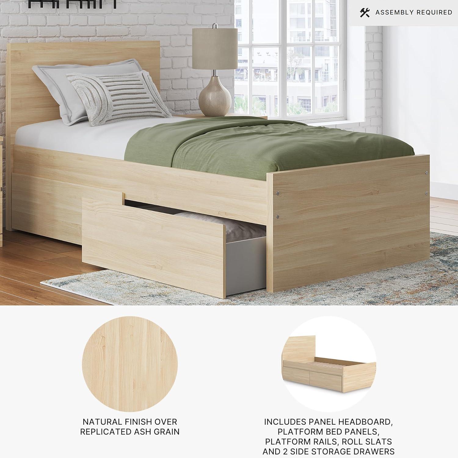 imageSignature Design by Ashley Onita Minimalist 4Drawer Full Platform Bed with 2 Side Storage Foundation or Box Spring Not Needed WhiteLight Brown