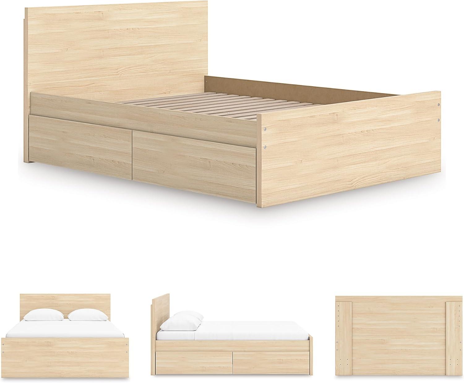 imageSignature Design by Ashley Onita Minimalist 4Drawer Full Platform Bed with 2 Side Storage Foundation or Box Spring Not Needed WhiteLight Brown