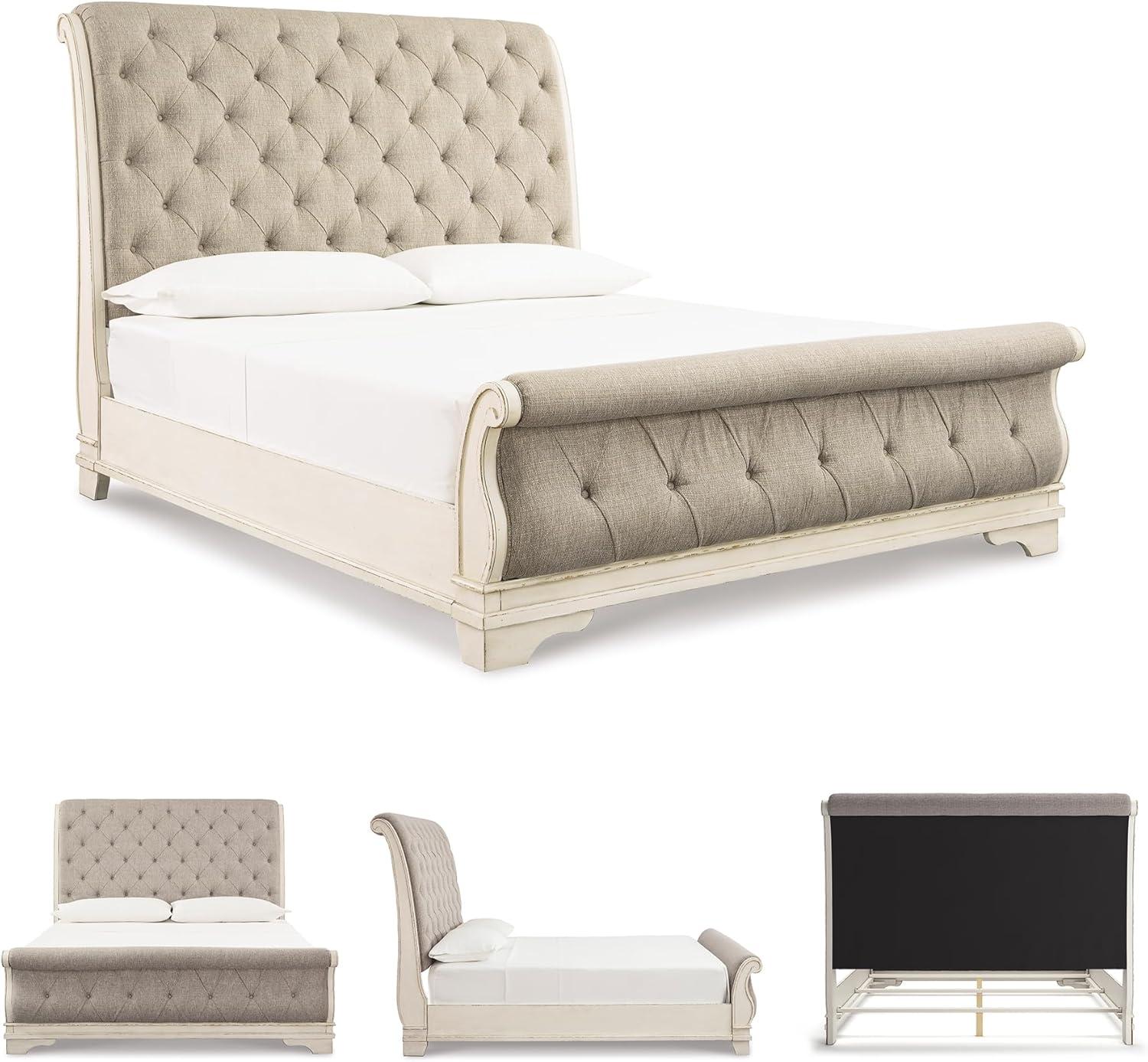 imageSignature Design by Ashley Realyn Traditional Queen Upholstered Sleigh Bed Foundation or Box Spring Needed White amp GrayCalifornia King