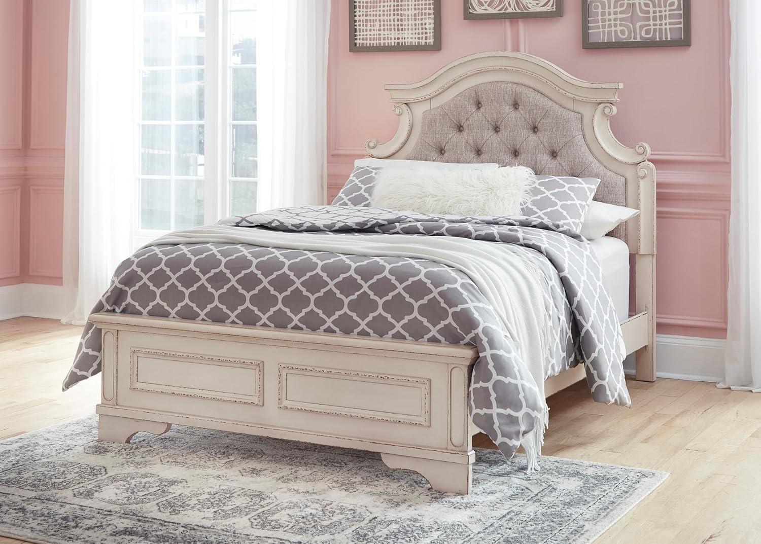 imageSignature Design by Ashley Realyn Traditional Queen Upholstered Sleigh Bed Foundation or Box Spring Needed White amp GrayFull