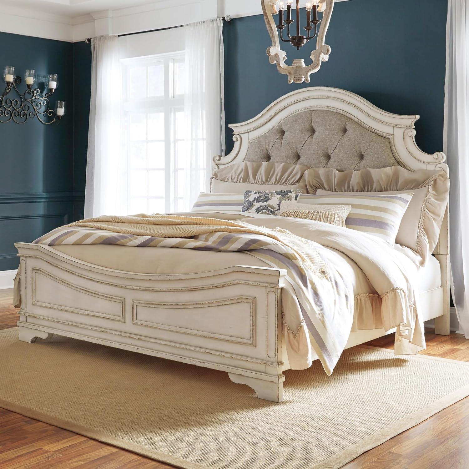 imageSignature Design by Ashley Realyn Traditional Queen Upholstered Sleigh Bed Foundation or Box Spring Needed White amp GrayKing