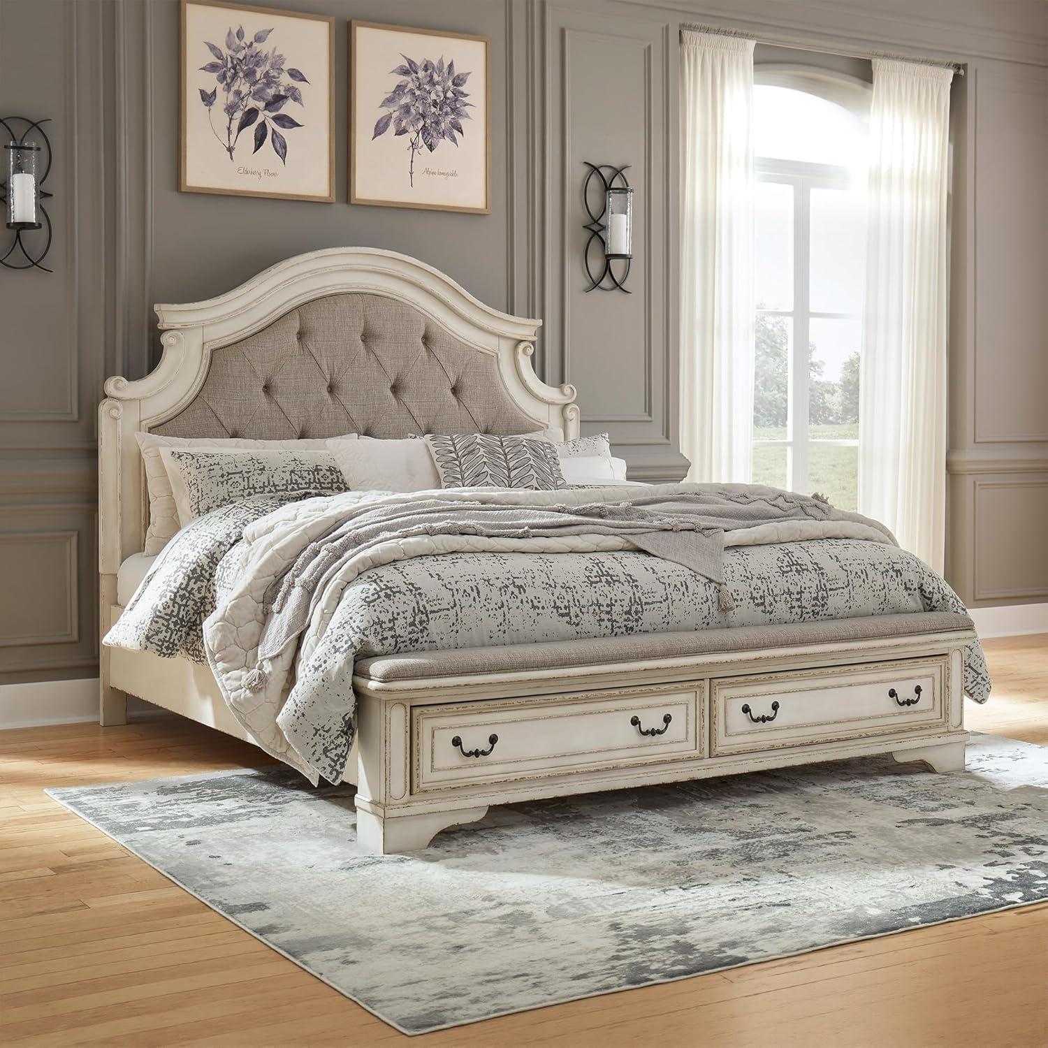 imageSignature Design by Ashley Realyn Traditional Queen Upholstered Sleigh Bed Foundation or Box Spring Needed White amp GrayKing