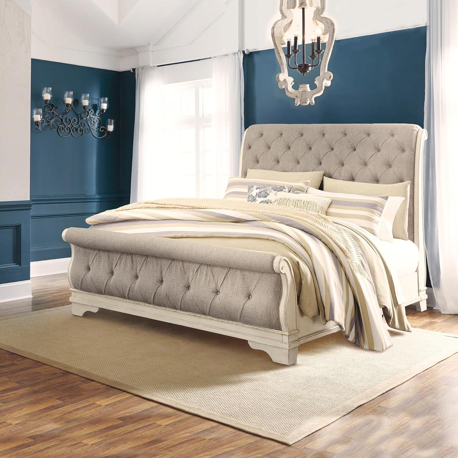 imageSignature Design by Ashley Realyn Traditional Queen Upholstered Sleigh Bed Foundation or Box Spring Needed White amp GrayKing