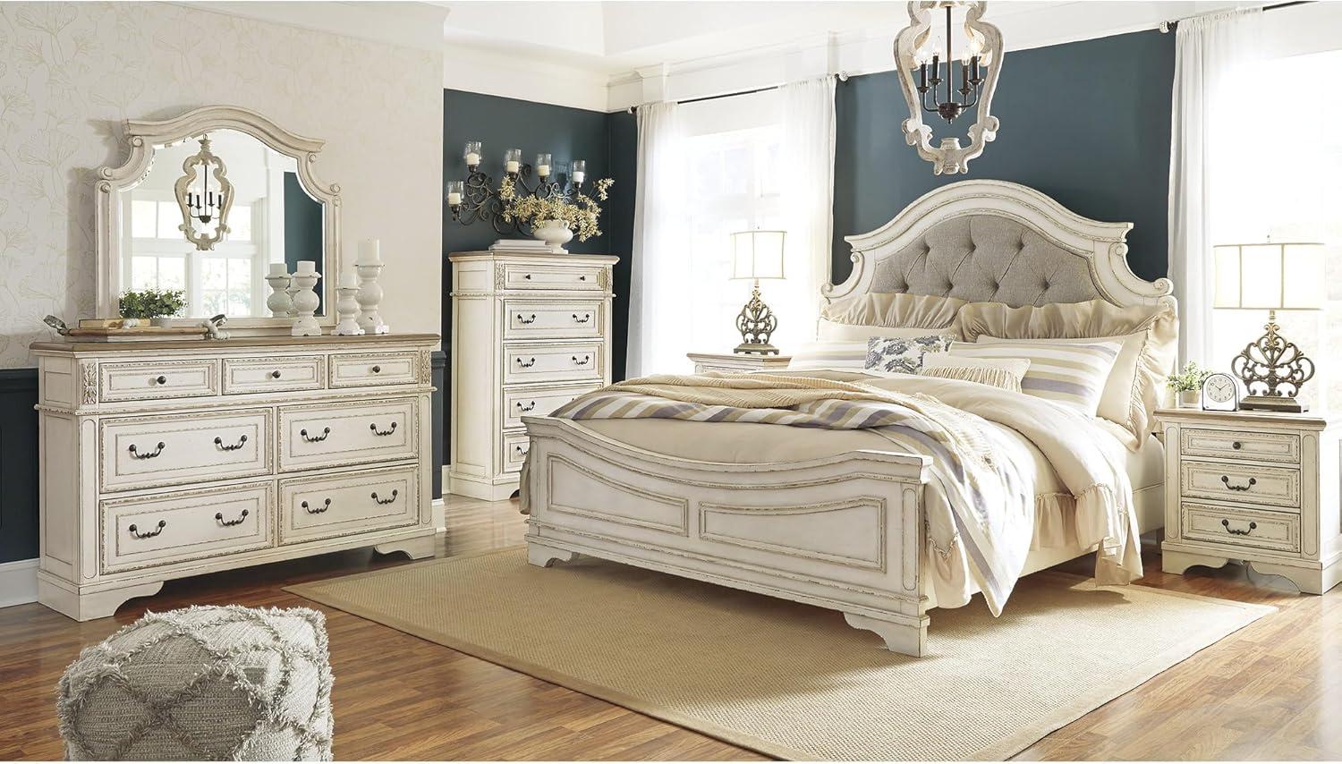 imageSignature Design by Ashley Realyn Traditional Queen Upholstered Sleigh Bed Foundation or Box Spring Needed White amp GrayKing