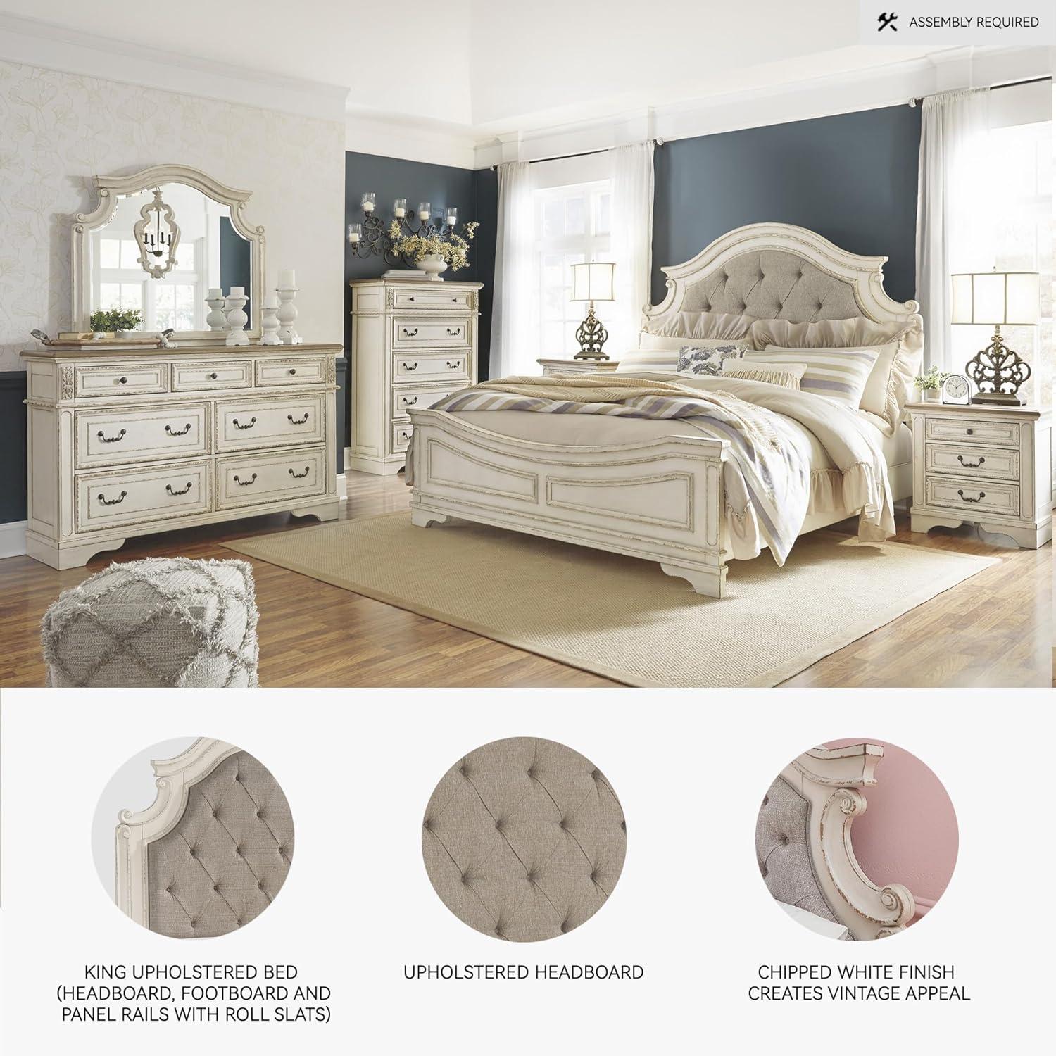 imageSignature Design by Ashley Realyn Traditional Queen Upholstered Sleigh Bed Foundation or Box Spring Needed White amp GrayKing