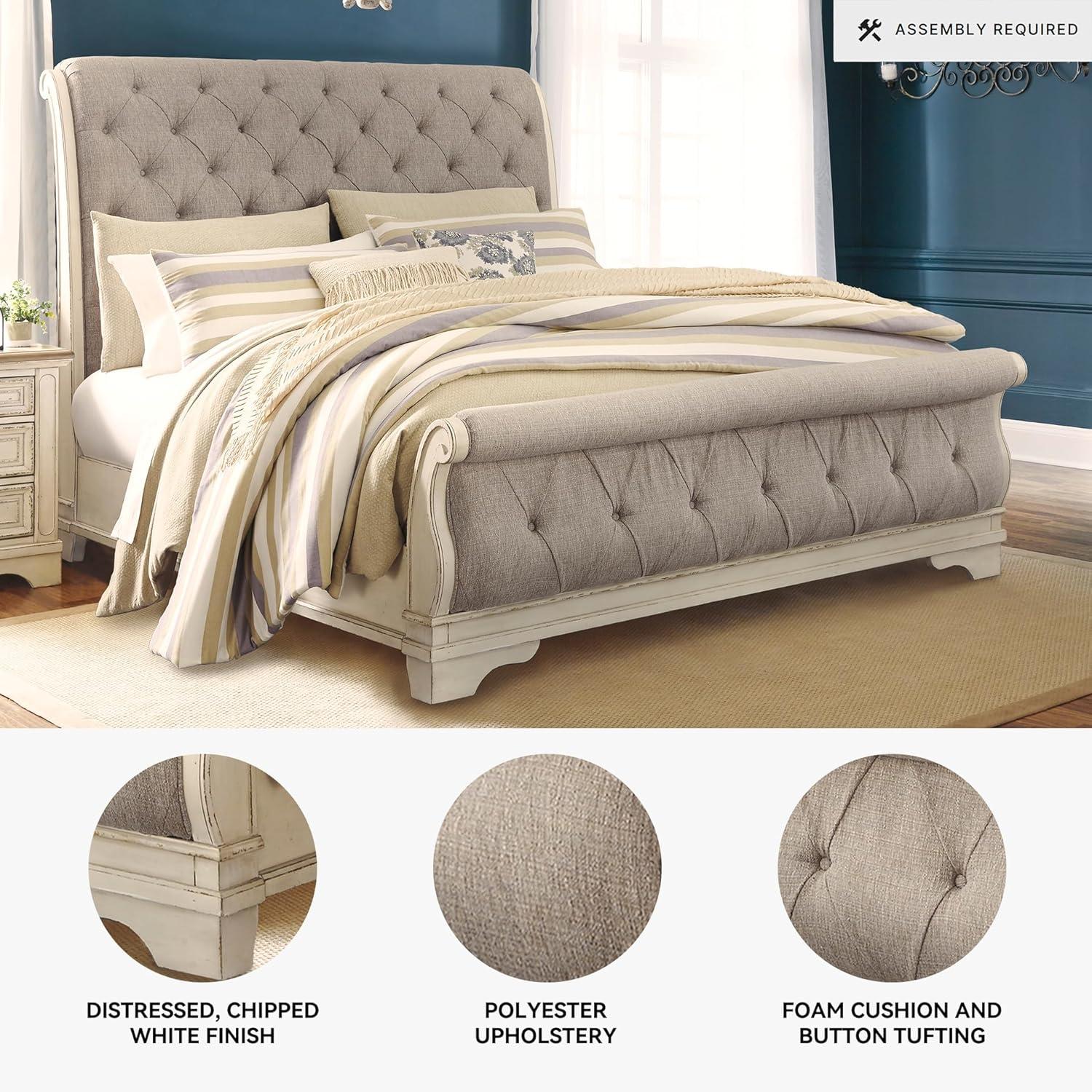 imageSignature Design by Ashley Realyn Traditional Queen Upholstered Sleigh Bed Foundation or Box Spring Needed White amp GrayKing