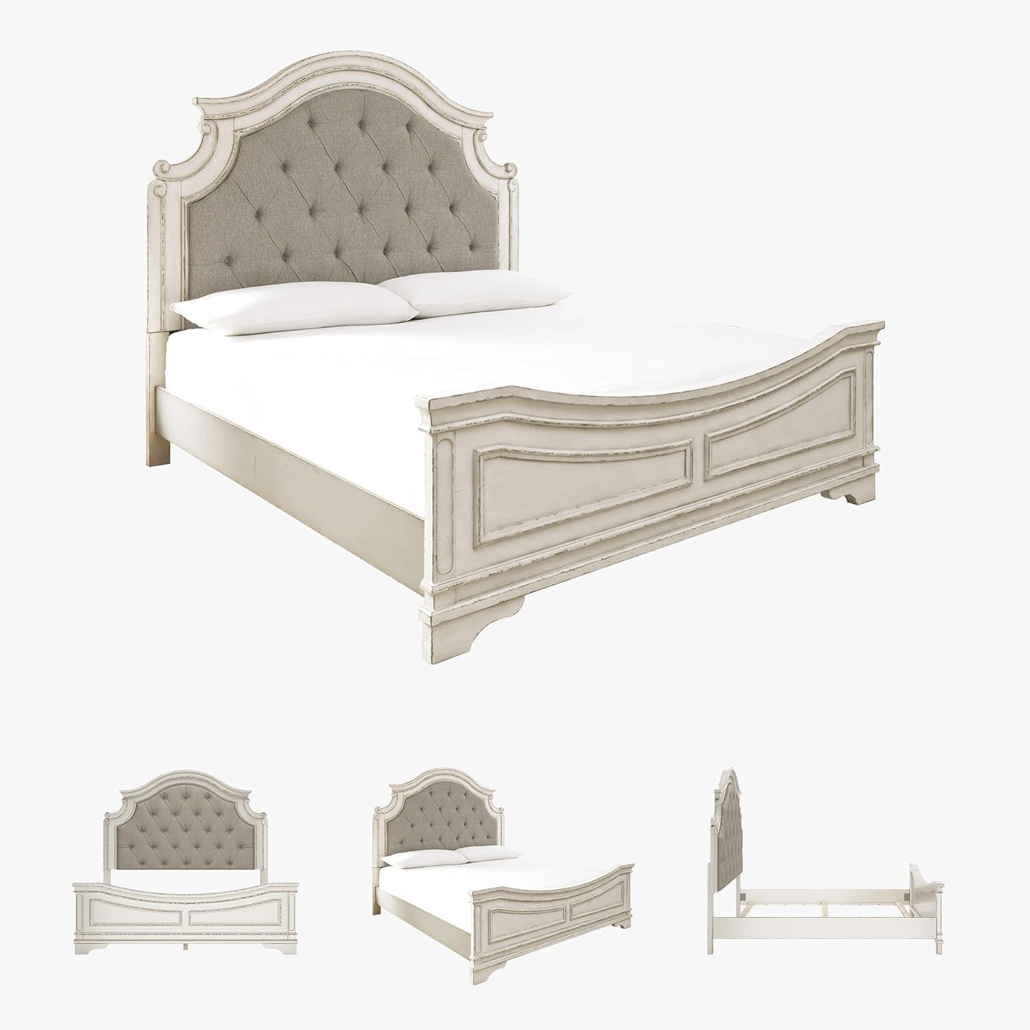imageSignature Design by Ashley Realyn Traditional Queen Upholstered Sleigh Bed Foundation or Box Spring Needed White amp GrayKing