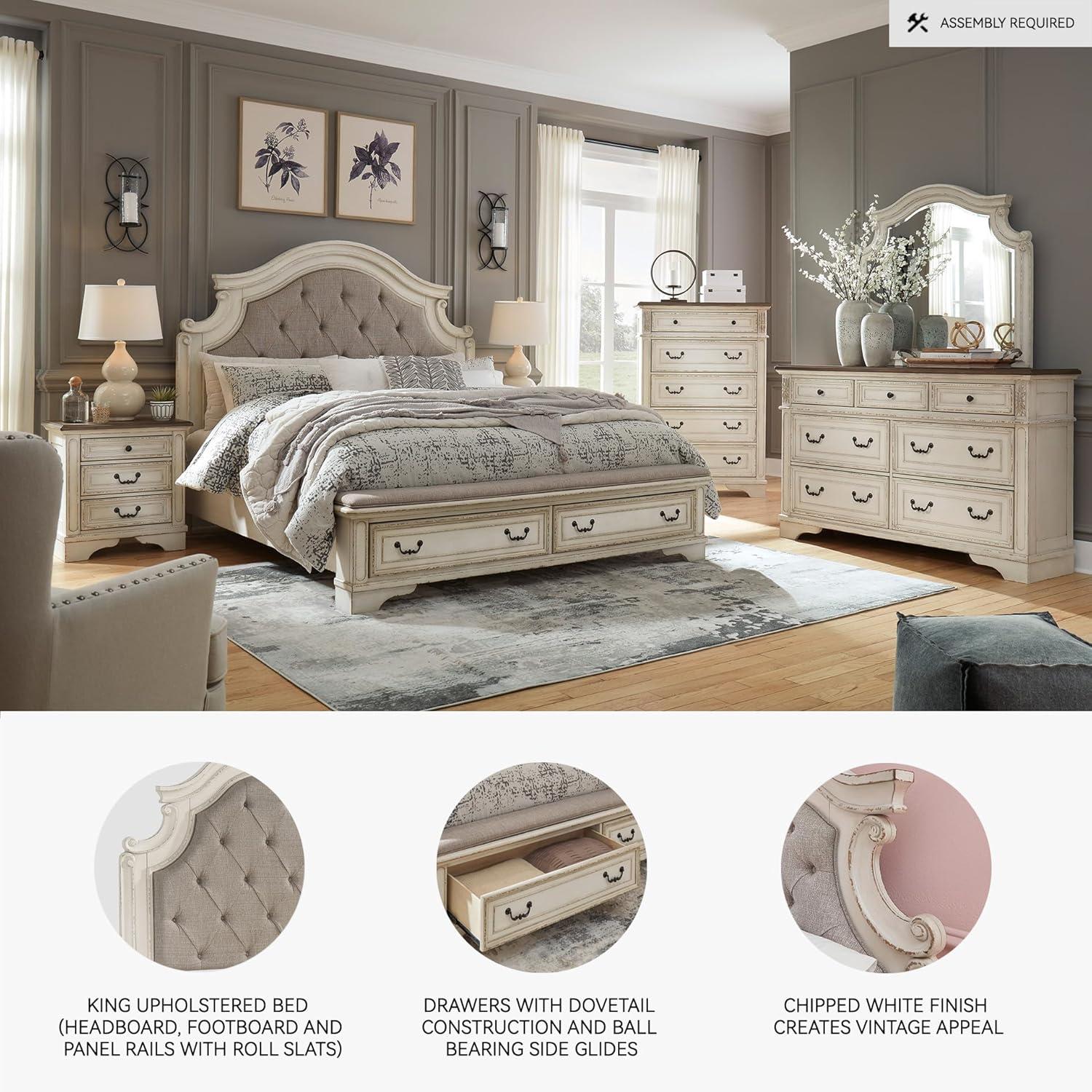 imageSignature Design by Ashley Realyn Traditional Queen Upholstered Sleigh Bed Foundation or Box Spring Needed White amp GrayKing