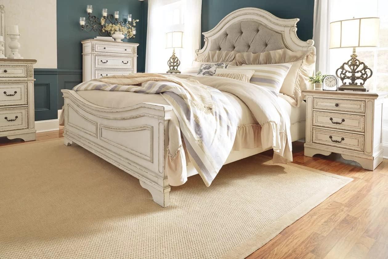 imageSignature Design by Ashley Realyn Traditional Queen Upholstered Sleigh Bed Foundation or Box Spring Needed White amp GrayKing