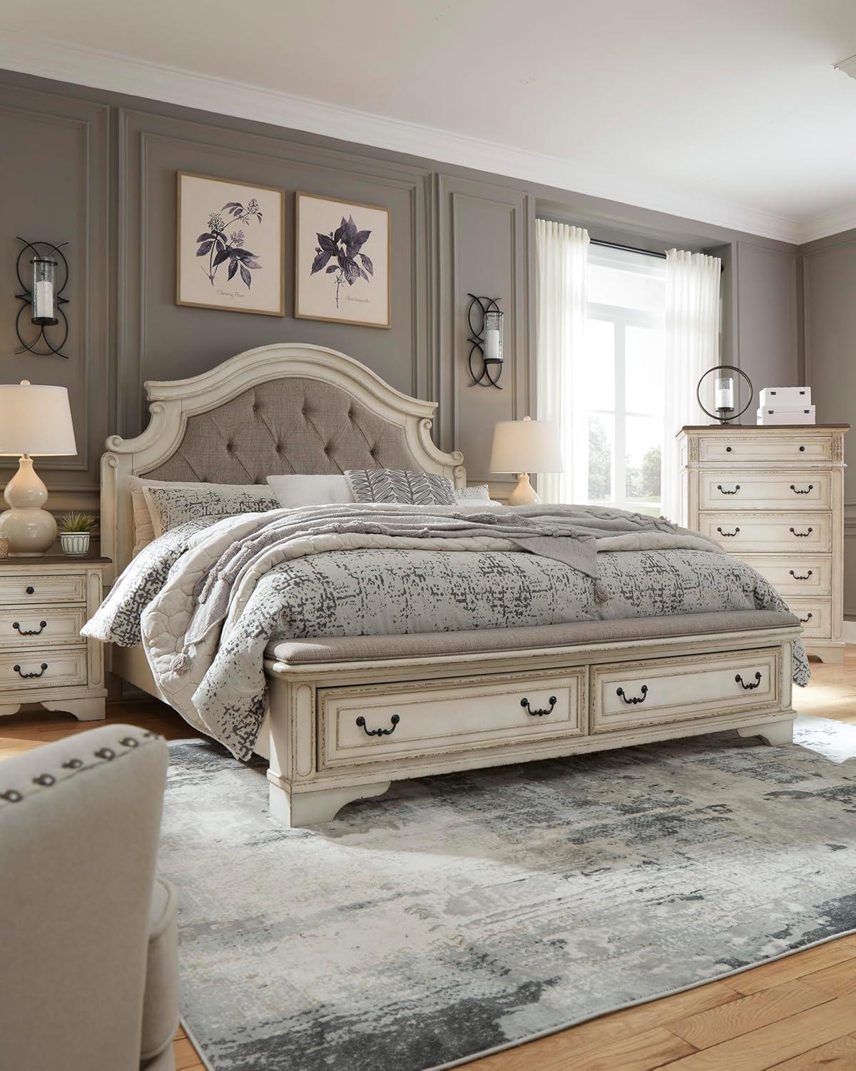 imageSignature Design by Ashley Realyn Traditional Queen Upholstered Sleigh Bed Foundation or Box Spring Needed White amp GrayKing