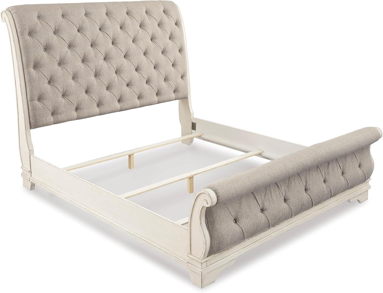 imageSignature Design by Ashley Realyn Traditional Queen Upholstered Sleigh Bed Foundation or Box Spring Needed White amp GrayKing