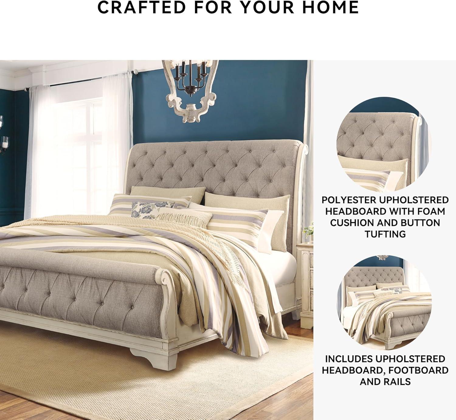 imageSignature Design by Ashley Realyn Traditional Queen Upholstered Sleigh Bed Foundation or Box Spring Needed White amp GrayKing