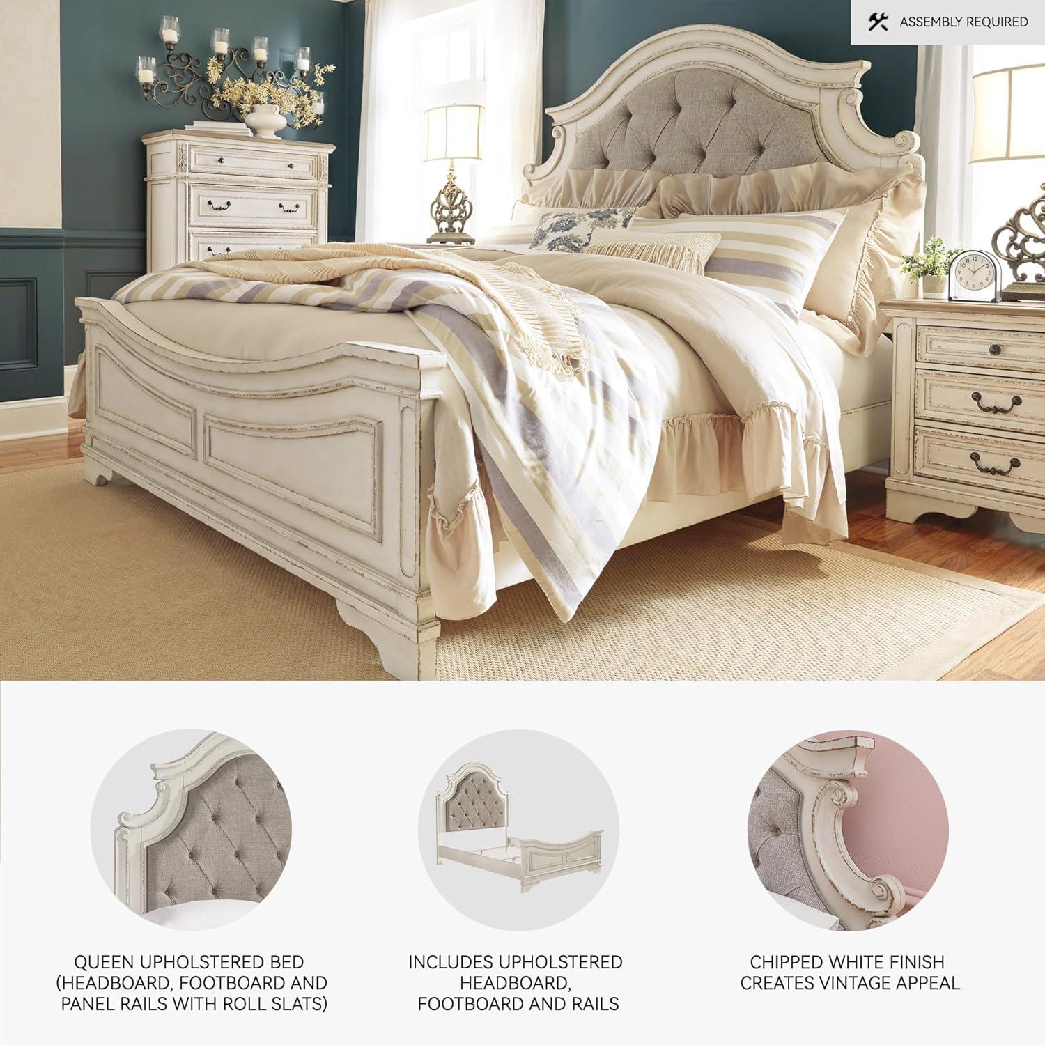 imageSignature Design by Ashley Realyn Traditional Queen Upholstered Sleigh Bed Foundation or Box Spring Needed White amp GrayQueen