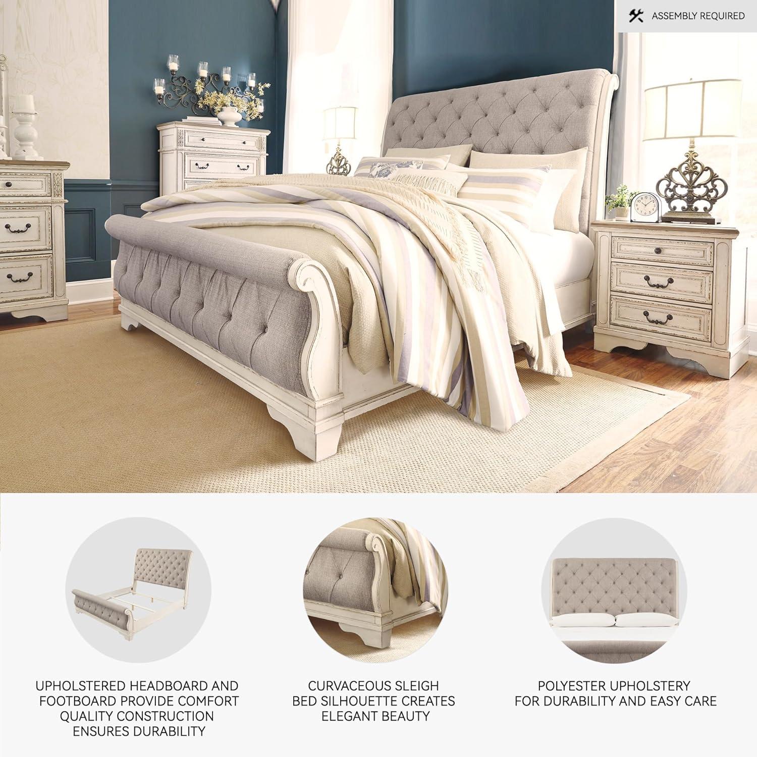 imageSignature Design by Ashley Realyn Traditional Queen Upholstered Sleigh Bed Foundation or Box Spring Needed White amp GrayQueen