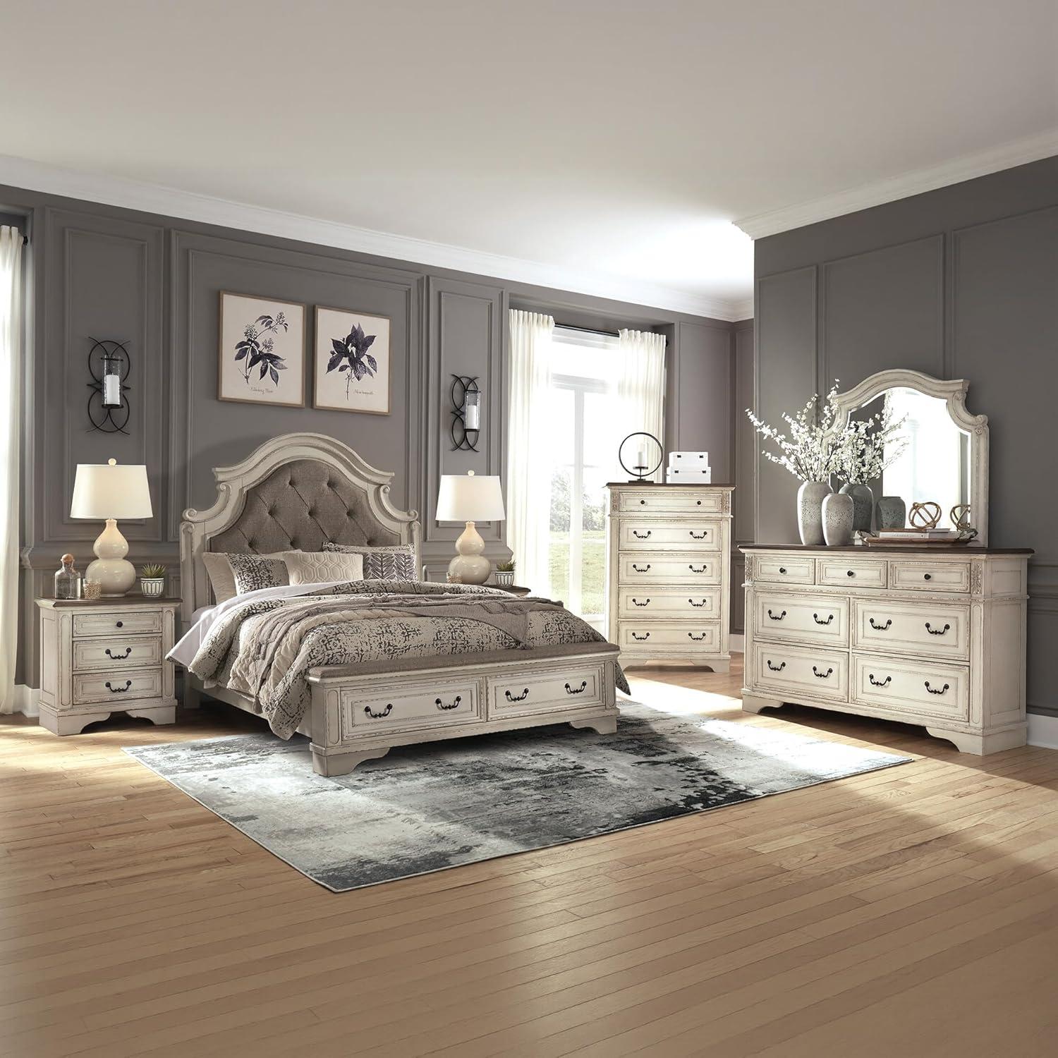 imageSignature Design by Ashley Realyn Traditional Queen Upholstered Sleigh Bed Foundation or Box Spring Needed White amp GrayQueen