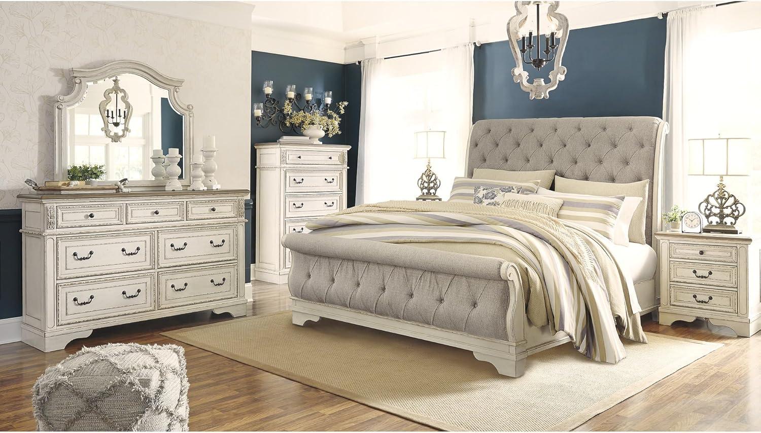 imageSignature Design by Ashley Realyn Traditional Queen Upholstered Sleigh Bed Foundation or Box Spring Needed White amp GrayQueen