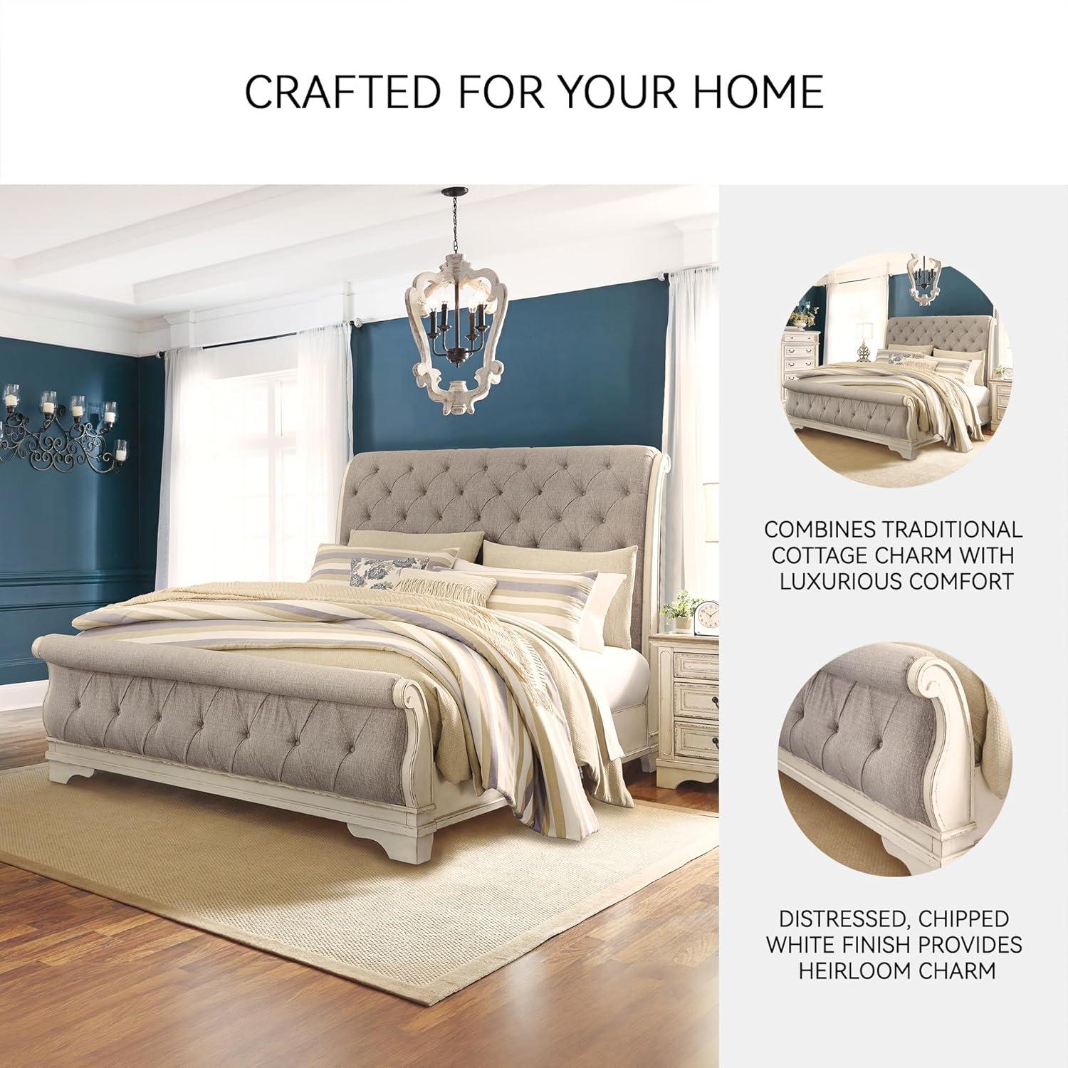 imageSignature Design by Ashley Realyn Traditional Queen Upholstered Sleigh Bed Foundation or Box Spring Needed White amp GrayQueen