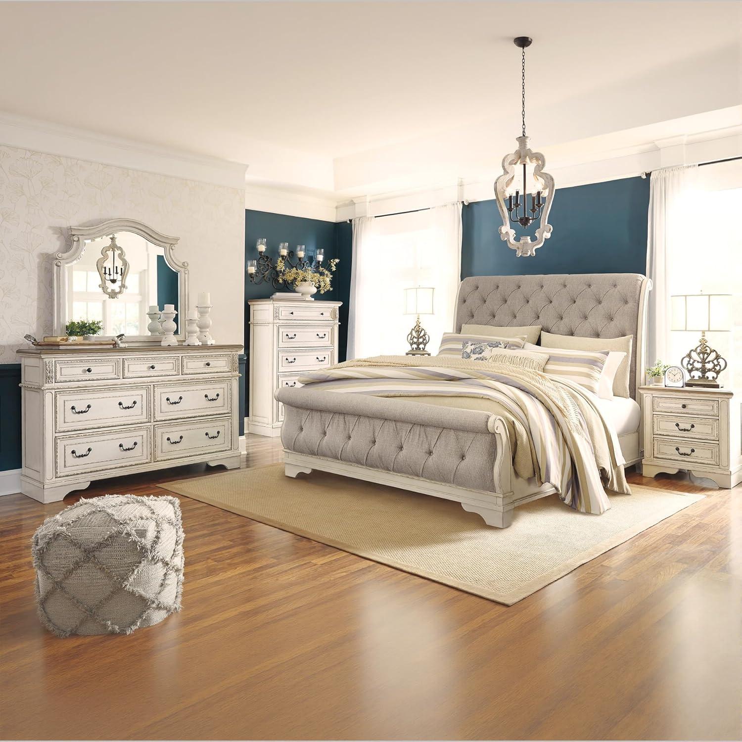 imageSignature Design by Ashley Realyn Traditional Queen Upholstered Sleigh Bed Foundation or Box Spring Needed White amp GrayQueen