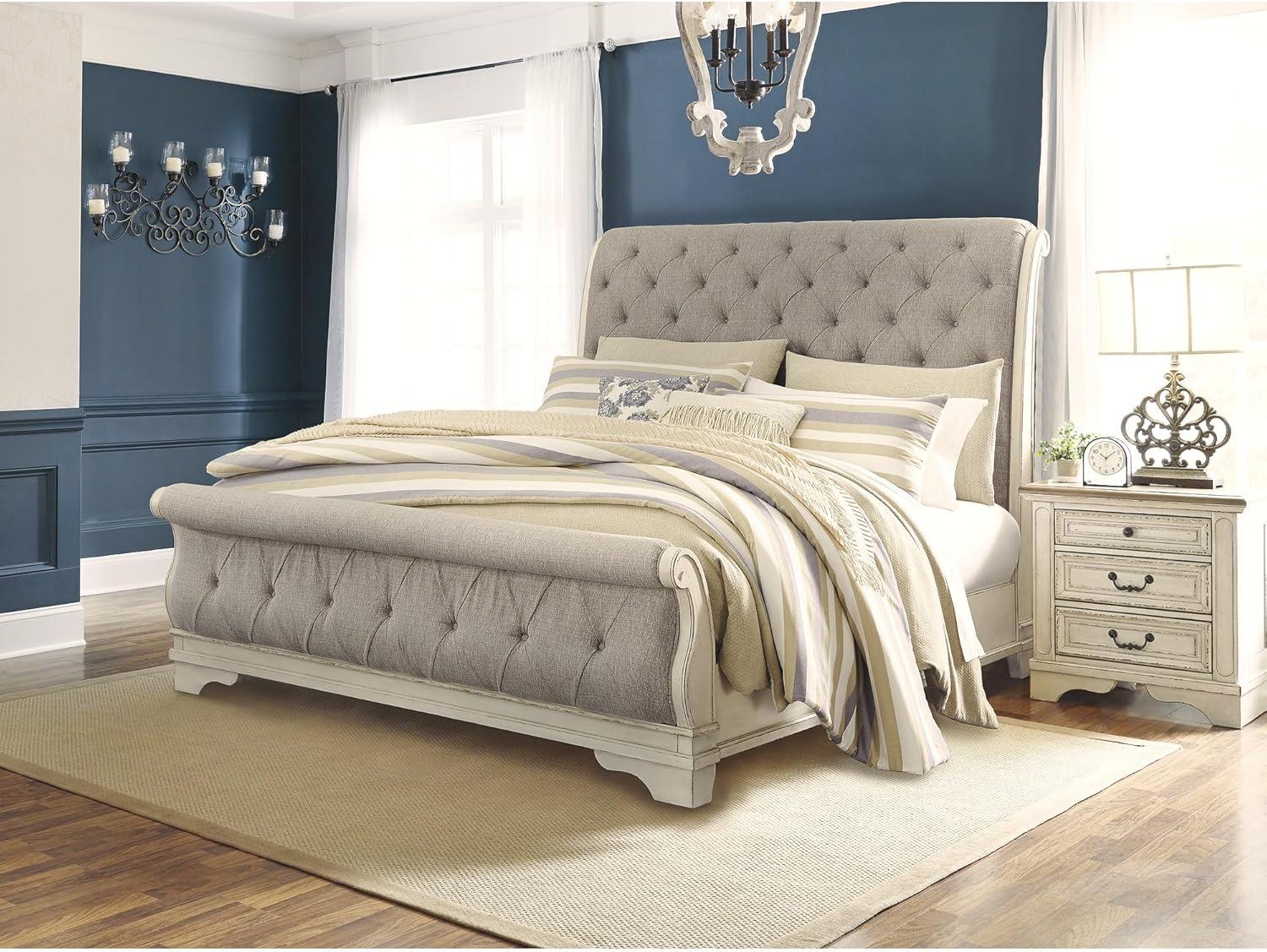 imageSignature Design by Ashley Realyn Traditional Queen Upholstered Sleigh Bed Foundation or Box Spring Needed White amp GrayQueen