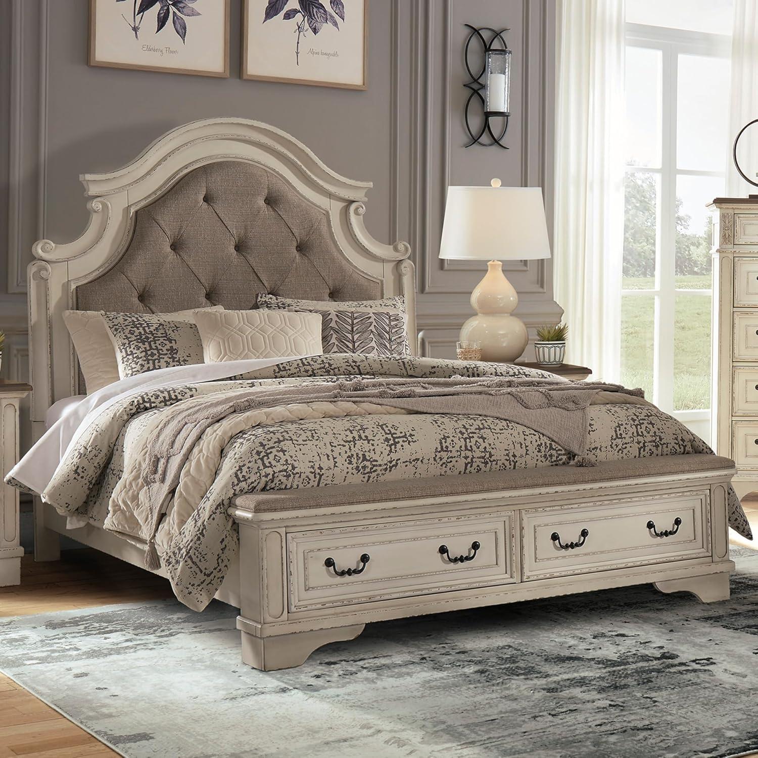 imageSignature Design by Ashley Realyn Traditional Queen Upholstered Sleigh Bed Foundation or Box Spring Needed White amp GrayQueen