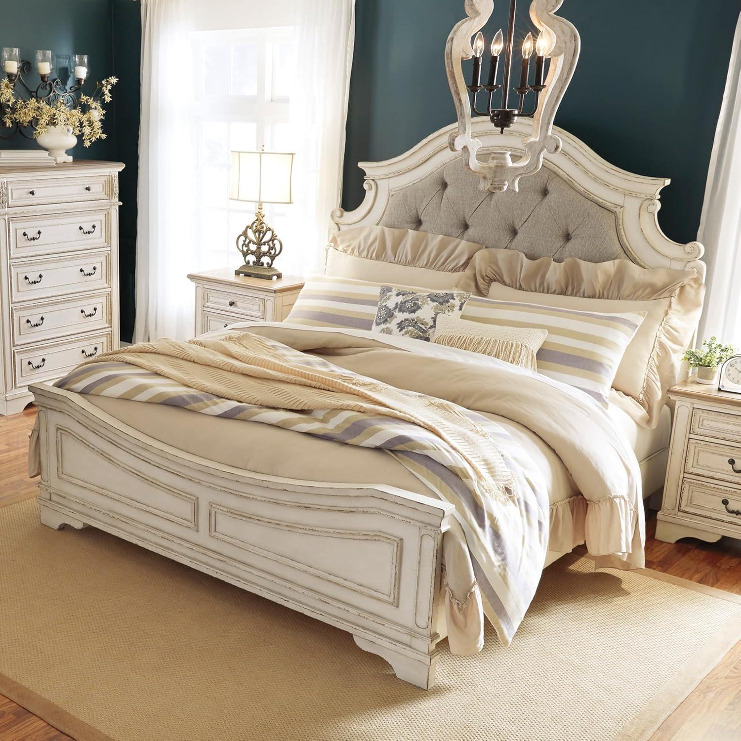 imageSignature Design by Ashley Realyn Traditional Queen Upholstered Sleigh Bed Foundation or Box Spring Needed White amp GrayQueen
