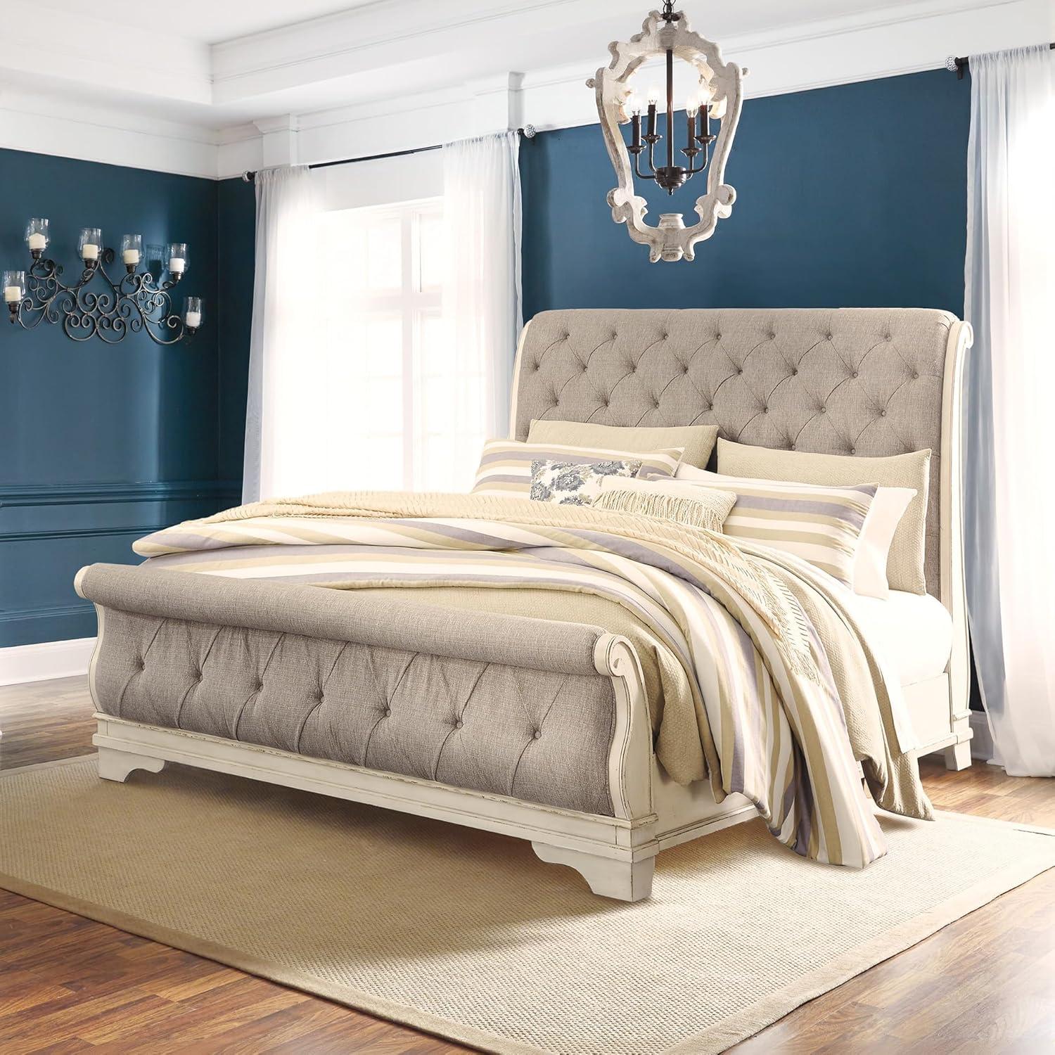 imageSignature Design by Ashley Realyn Traditional Queen Upholstered Sleigh Bed Foundation or Box Spring Needed White amp GrayQueen
