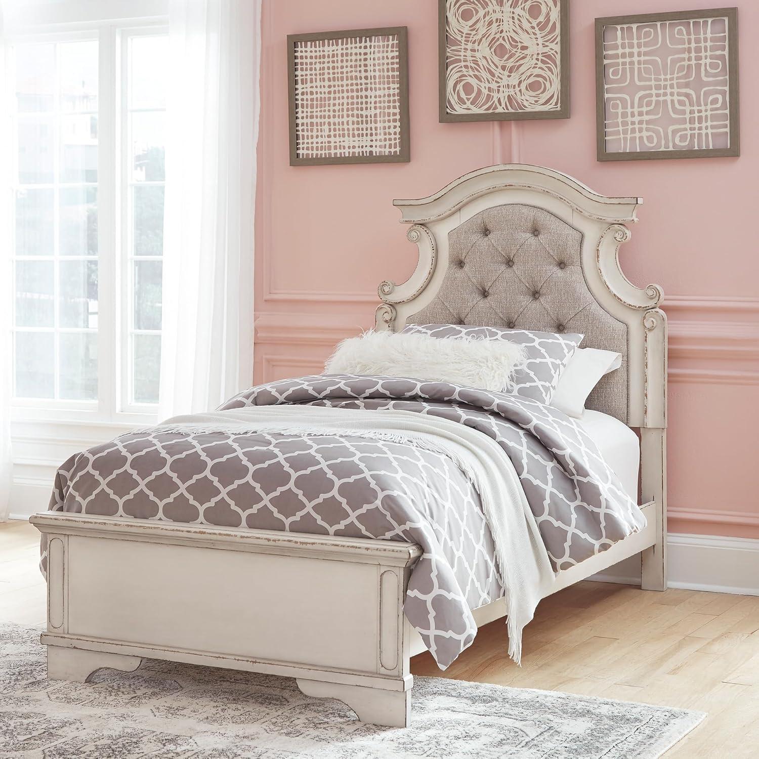 imageSignature Design by Ashley Realyn Traditional Queen Upholstered Sleigh Bed Foundation or Box Spring Needed White amp GrayTwin