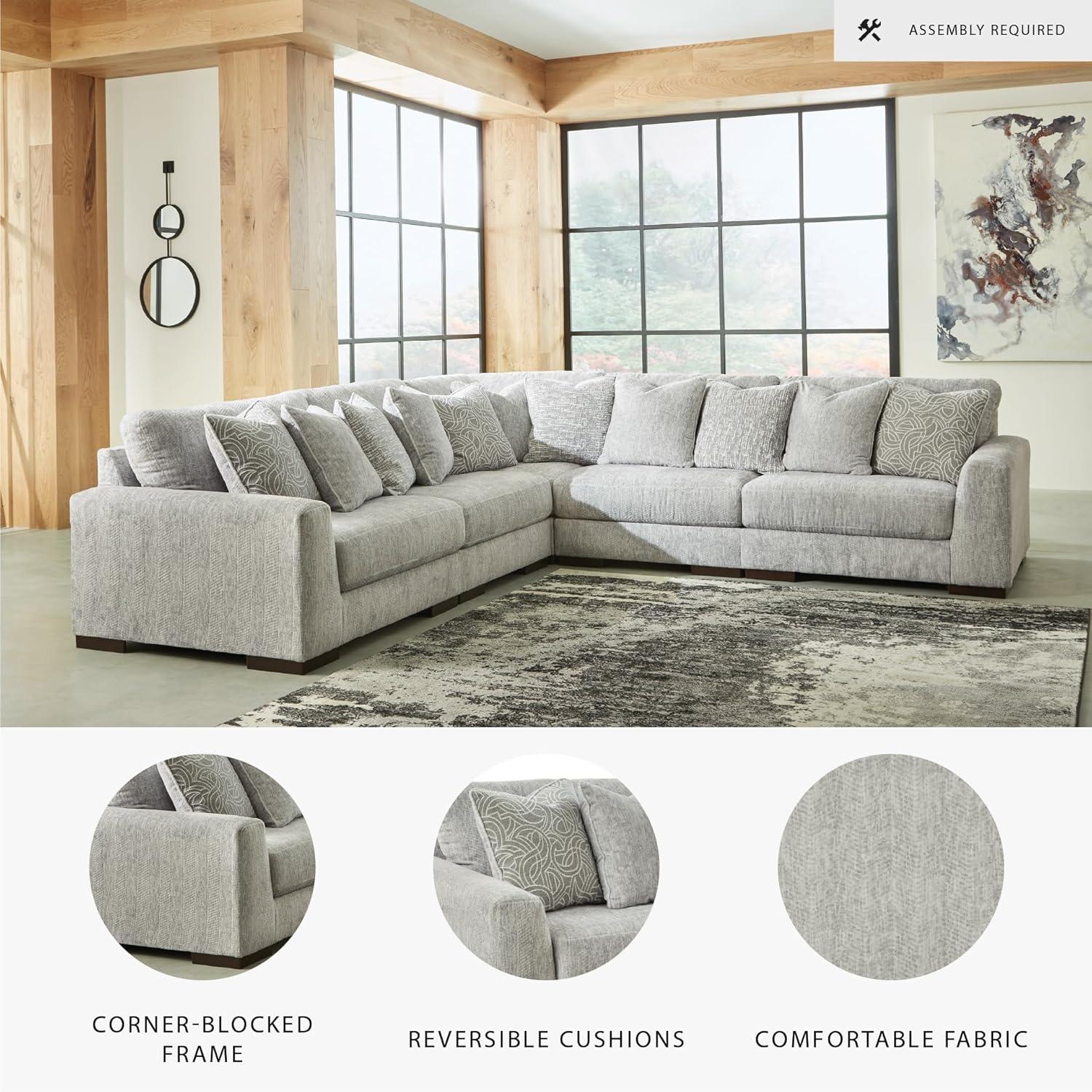 imageSignature Design by Ashley Regent Park Modern LShaped Anti Sag 5Piece Sectional with Reversible Cushions and 11 Accent Pillows Light GrayLight Gray