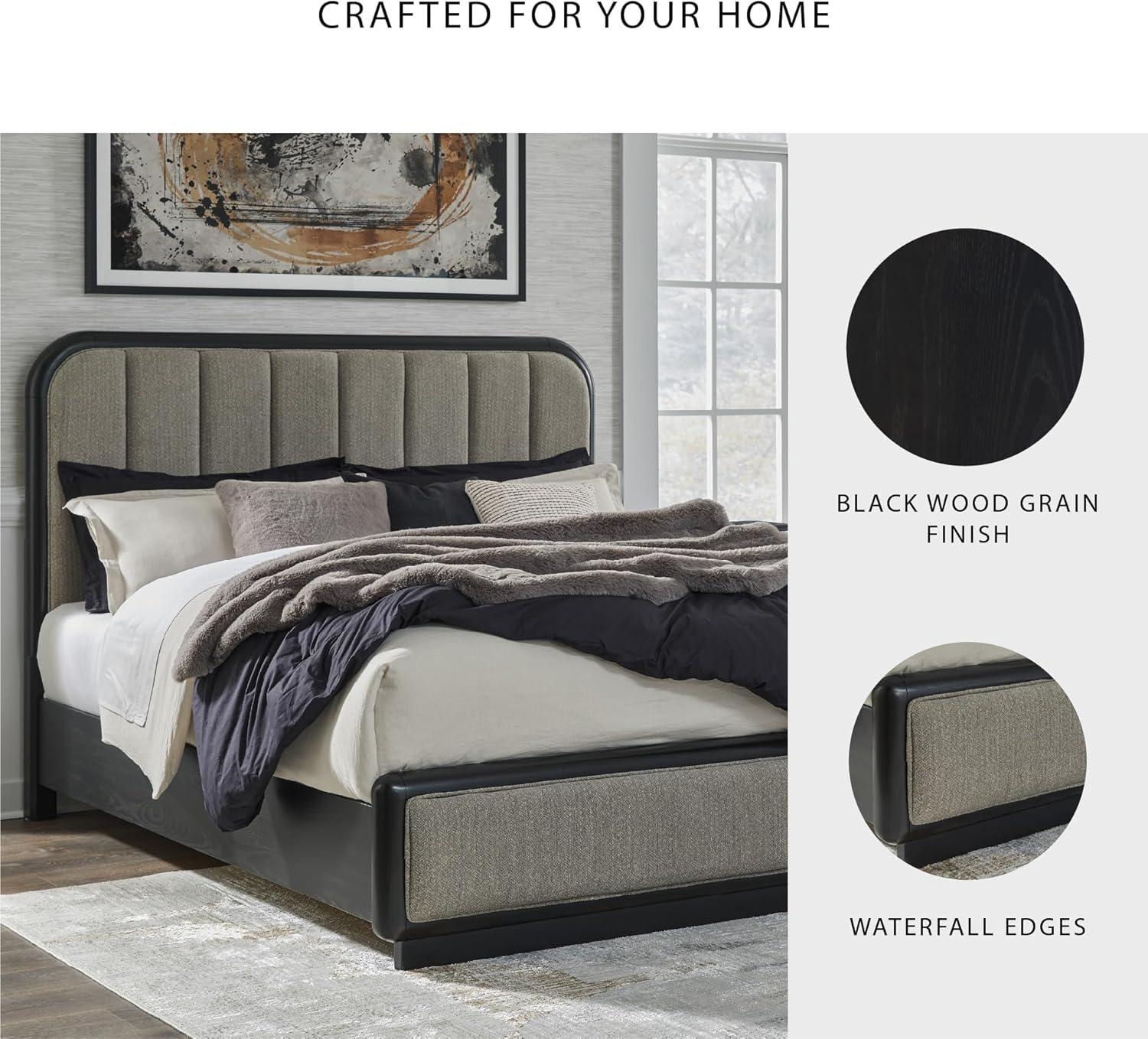 imageSignature Design by Ashley Rowanbeck Contemporary 7Drawer Dresser and Mirror with FeltLined Top Drawers and Safety Stop BlackCalifornia King Upholstered Panel Bed