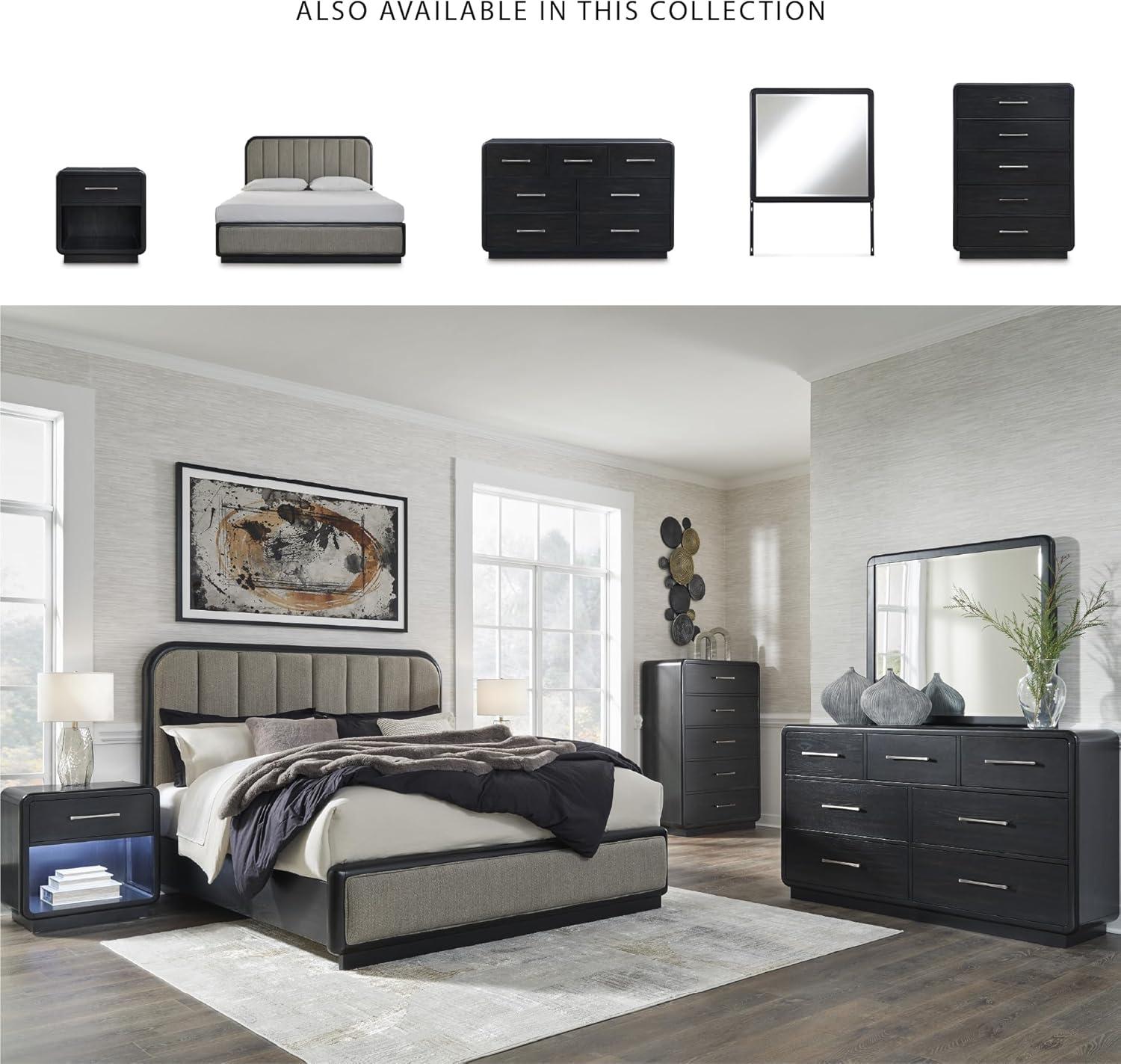 imageSignature Design by Ashley Rowanbeck Contemporary 7Drawer Dresser and Mirror with FeltLined Top Drawers and Safety Stop BlackCalifornia King Upholstered Panel Bed