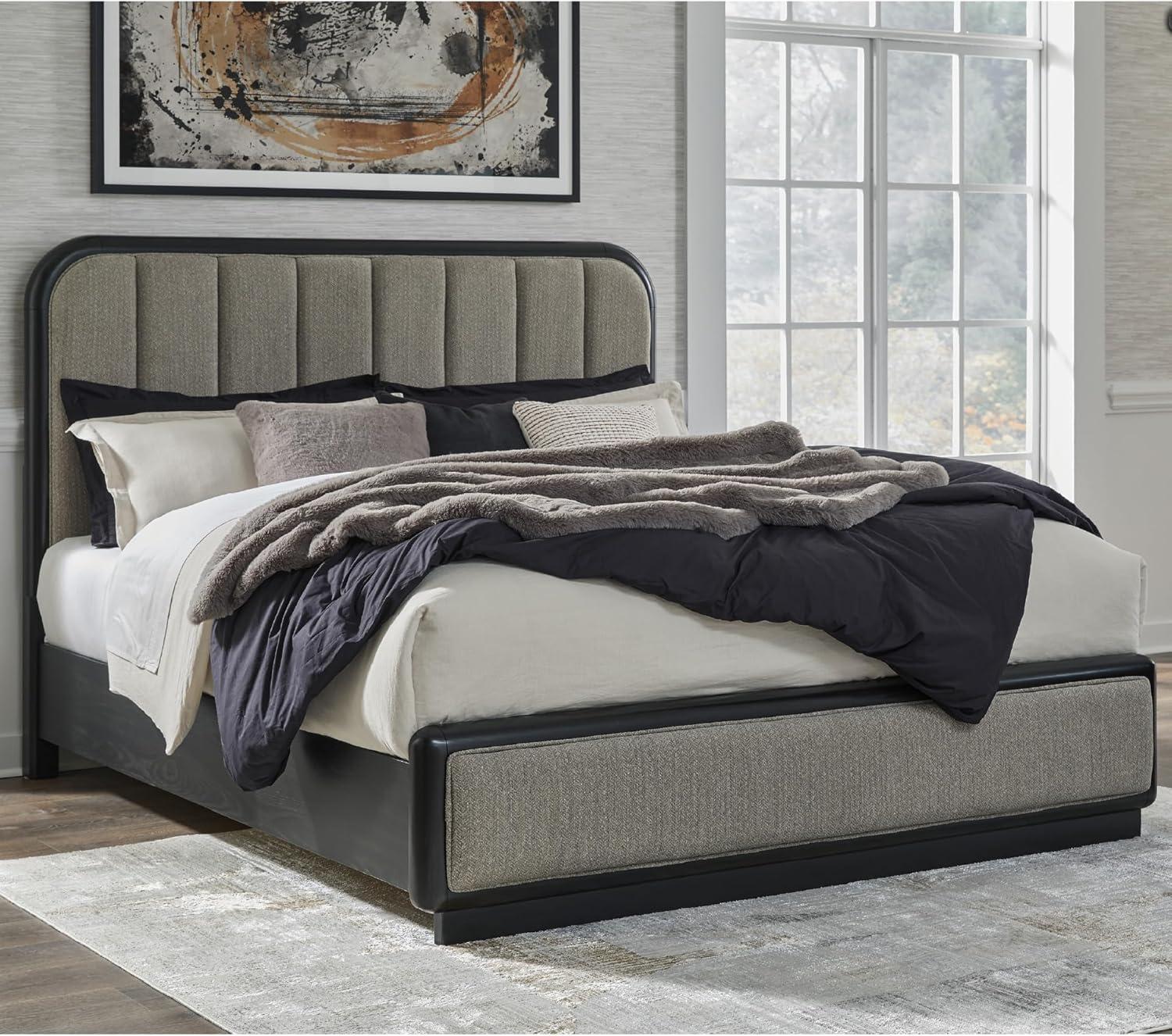 imageSignature Design by Ashley Rowanbeck Contemporary 7Drawer Dresser and Mirror with FeltLined Top Drawers and Safety Stop BlackCalifornia King Upholstered Panel Bed