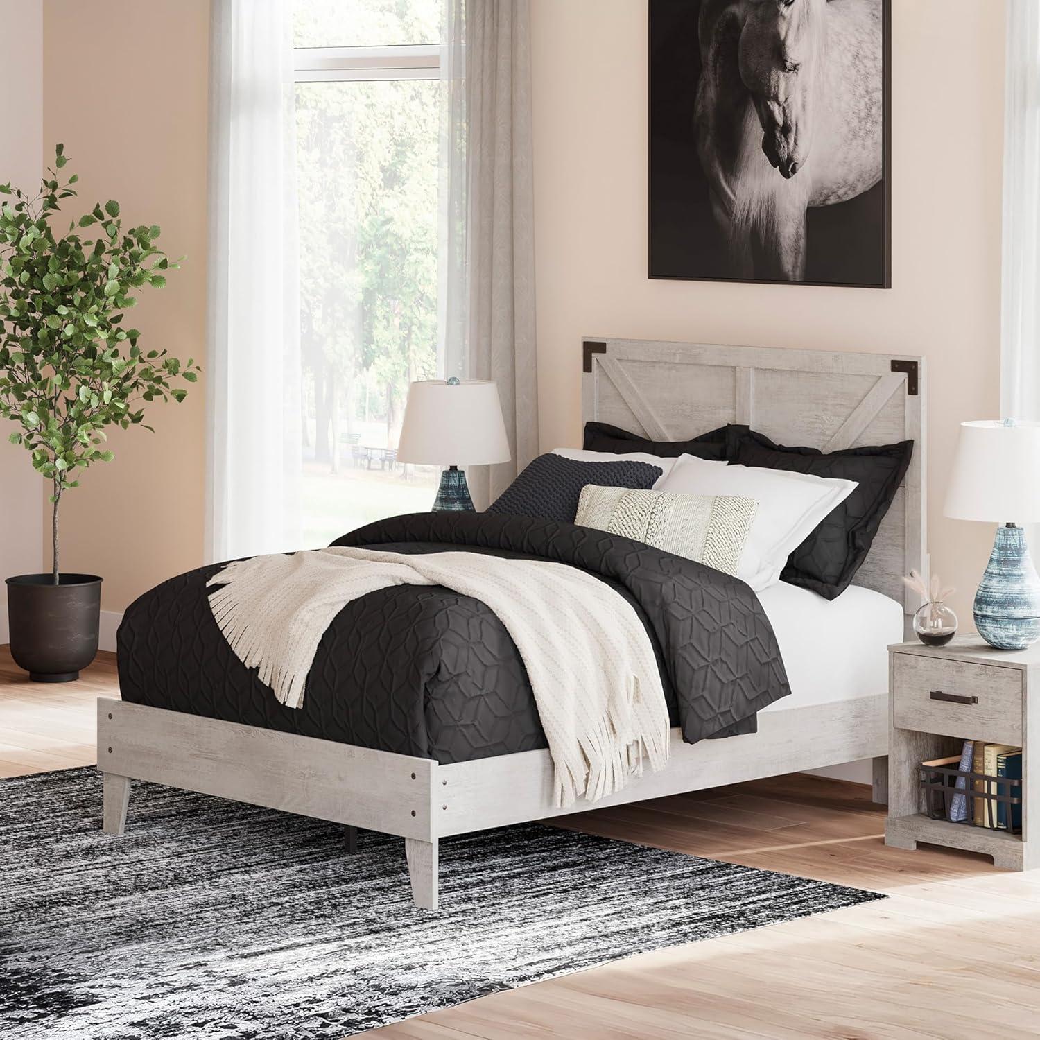 imageSignature Design by Ashley Socalle Contemporary Panel Platform Bed Foundation or Box Spring Not Needed Queen BeigeGrey