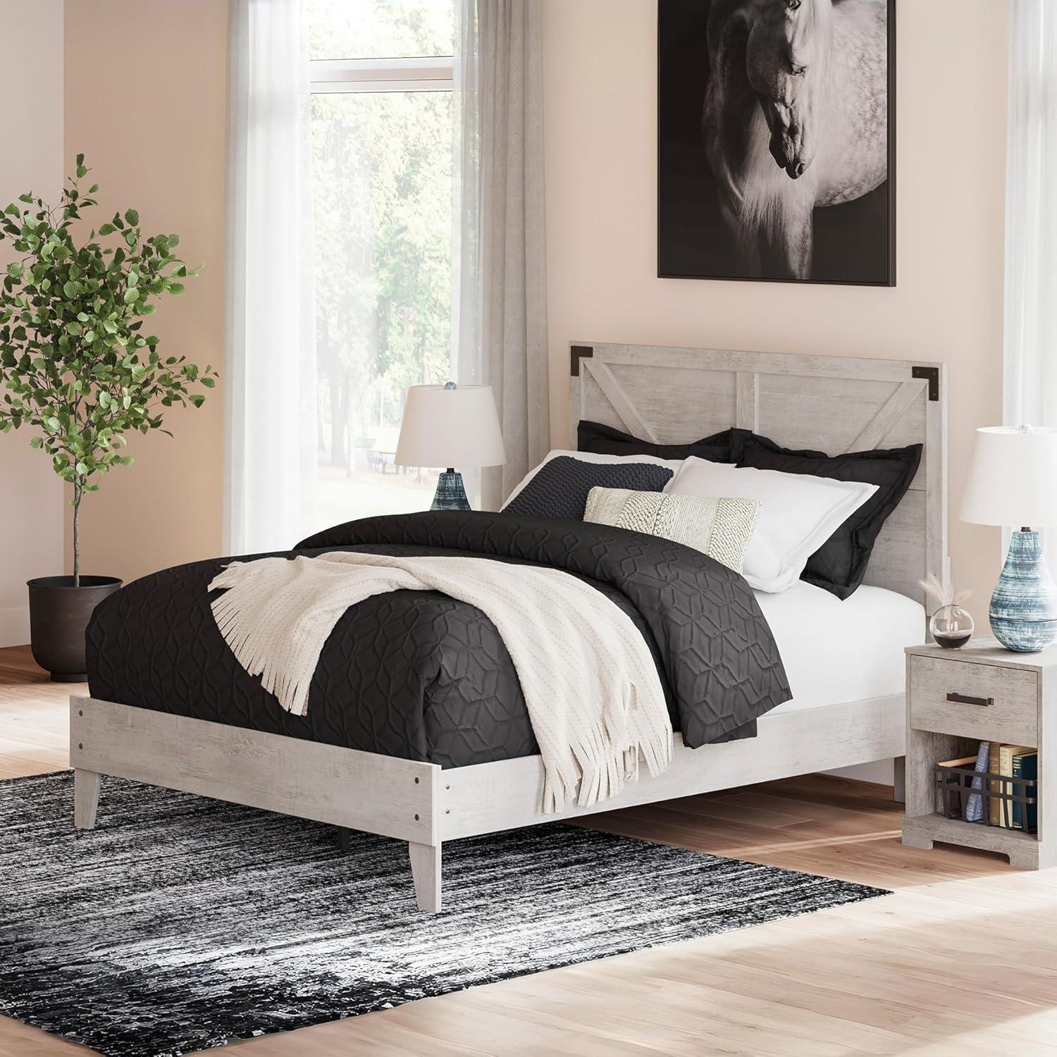 imageSignature Design by Ashley Socalle Contemporary Panel Platform Bed Foundation or Box Spring Not Needed Queen BeigeGrey