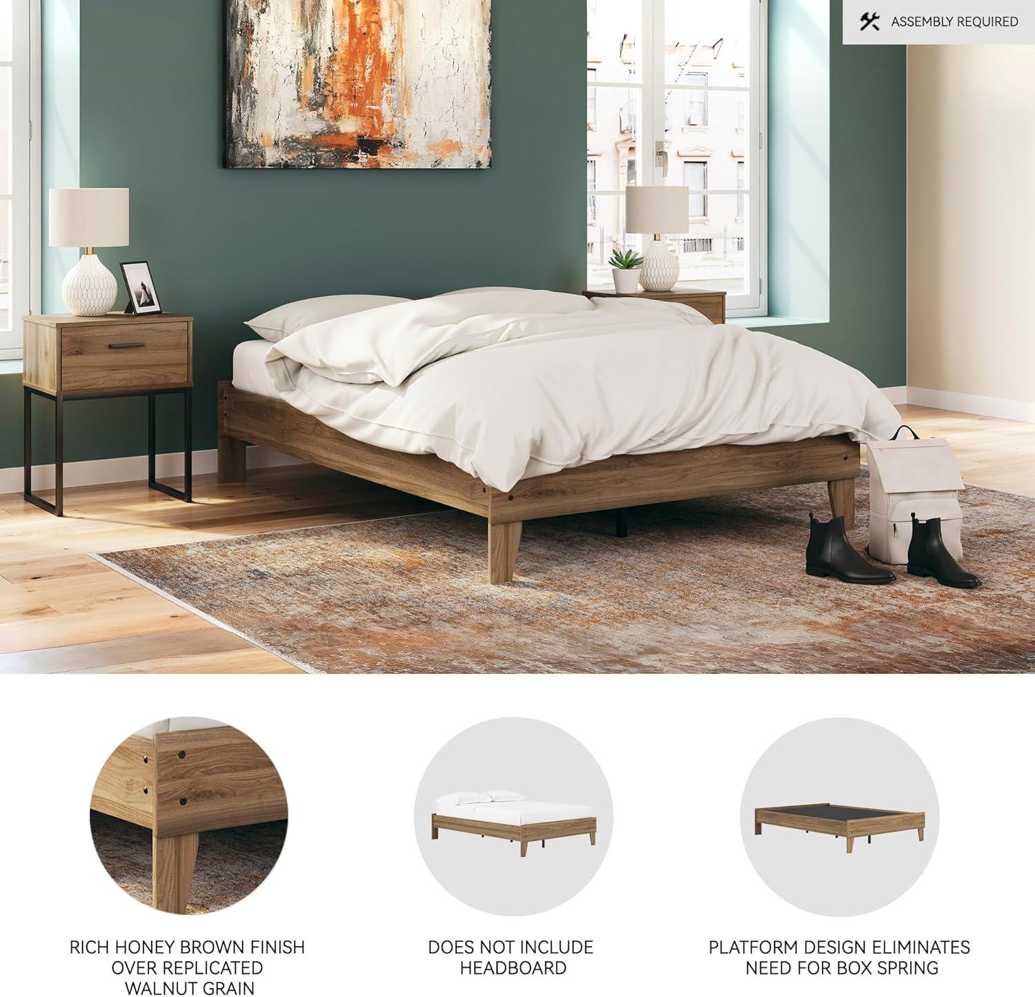 imageSignature Design by Ashley Socalle Contemporary Panel Platform Bed Foundation or Box Spring Not Needed Queen BeigeHoney Brown