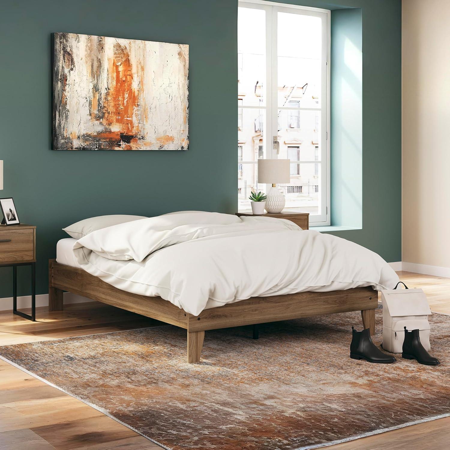 imageSignature Design by Ashley Socalle Contemporary Panel Platform Bed Foundation or Box Spring Not Needed Queen BeigeHoney Brown