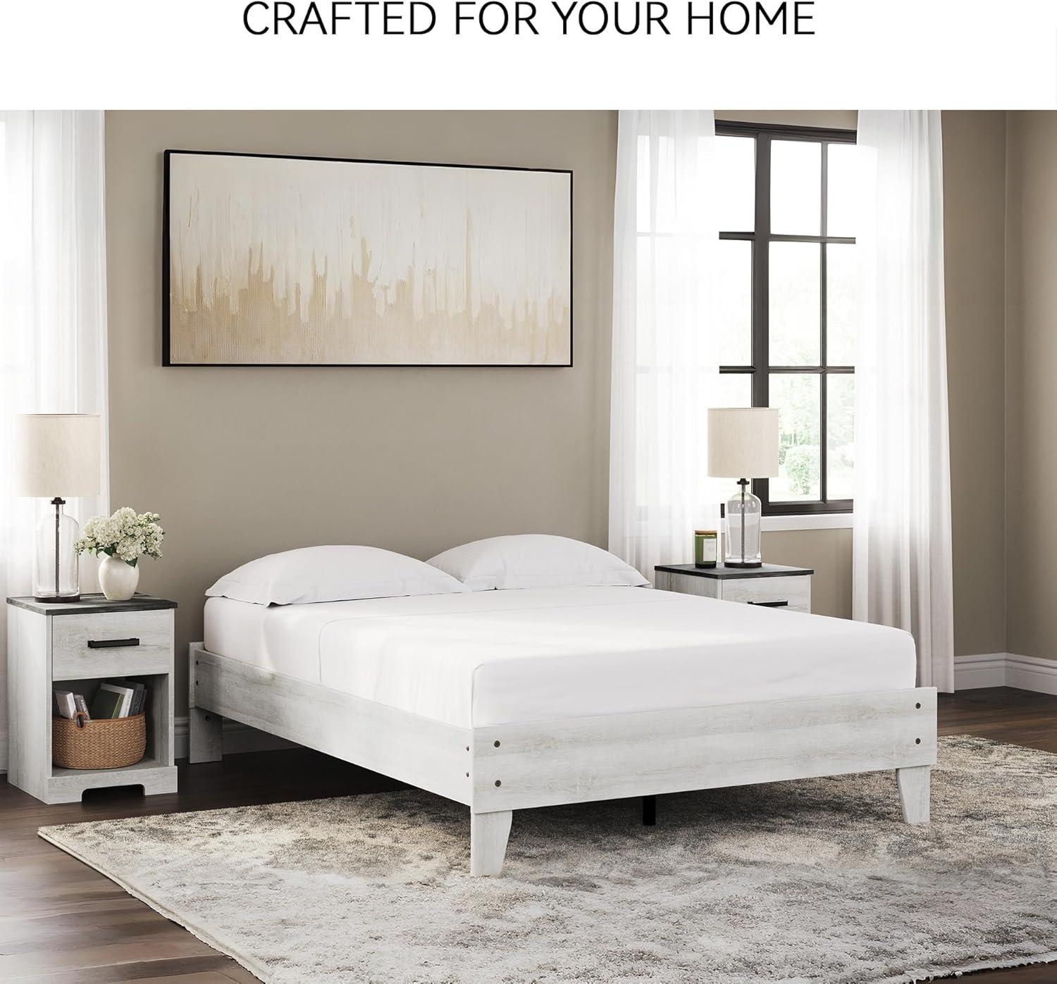 imageSignature Design by Ashley Socalle Contemporary Panel Platform Bed Foundation or Box Spring Not Needed Queen BeigeWhitewash