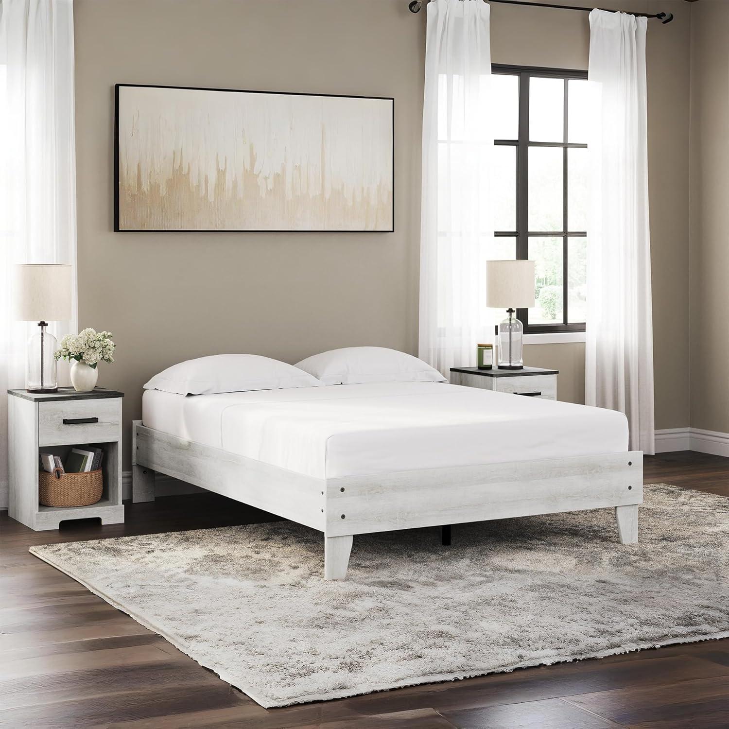 imageSignature Design by Ashley Socalle Contemporary Panel Platform Bed Foundation or Box Spring Not Needed Queen BeigeWhitewash