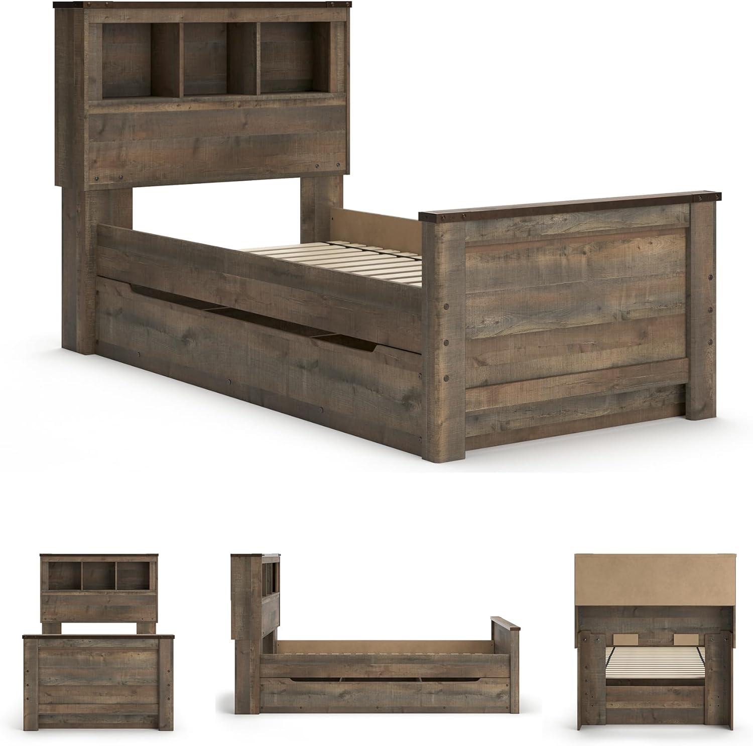 imageSignature Design by Ashley Trinell Rustic Bookcase Bed with Storage and Nailhead Accents Foundation or Box Spring Not Needed Full Dark BrownTwin Bookcase Bed with 1 Large Storage Drawer