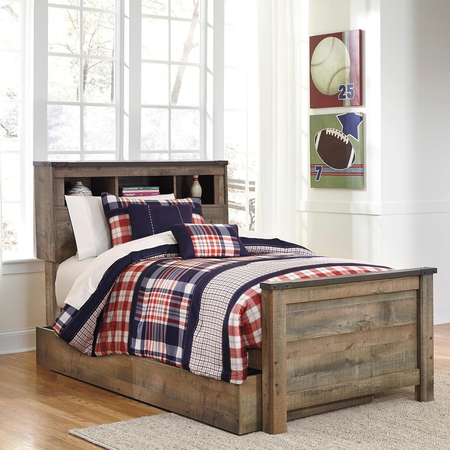 imageSignature Design by Ashley Trinell Rustic Bookcase Bed with Storage and Nailhead Accents Foundation or Box Spring Not Needed Full Dark BrownTwin Bookcase Bed with 1 Large Storage Drawer