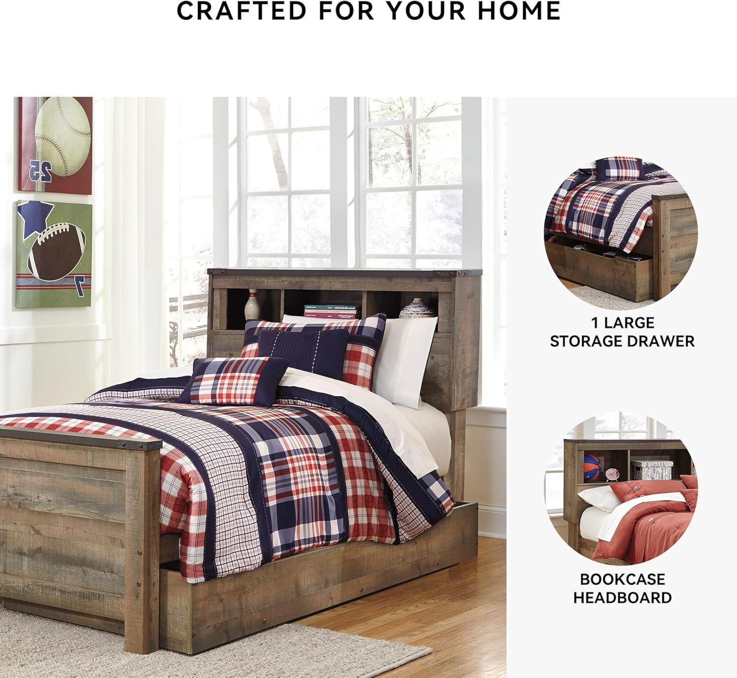 imageSignature Design by Ashley Trinell Rustic Bookcase Bed with Storage and Nailhead Accents Foundation or Box Spring Not Needed Full Dark BrownTwin Bookcase Bed with 1 Large Storage Drawer