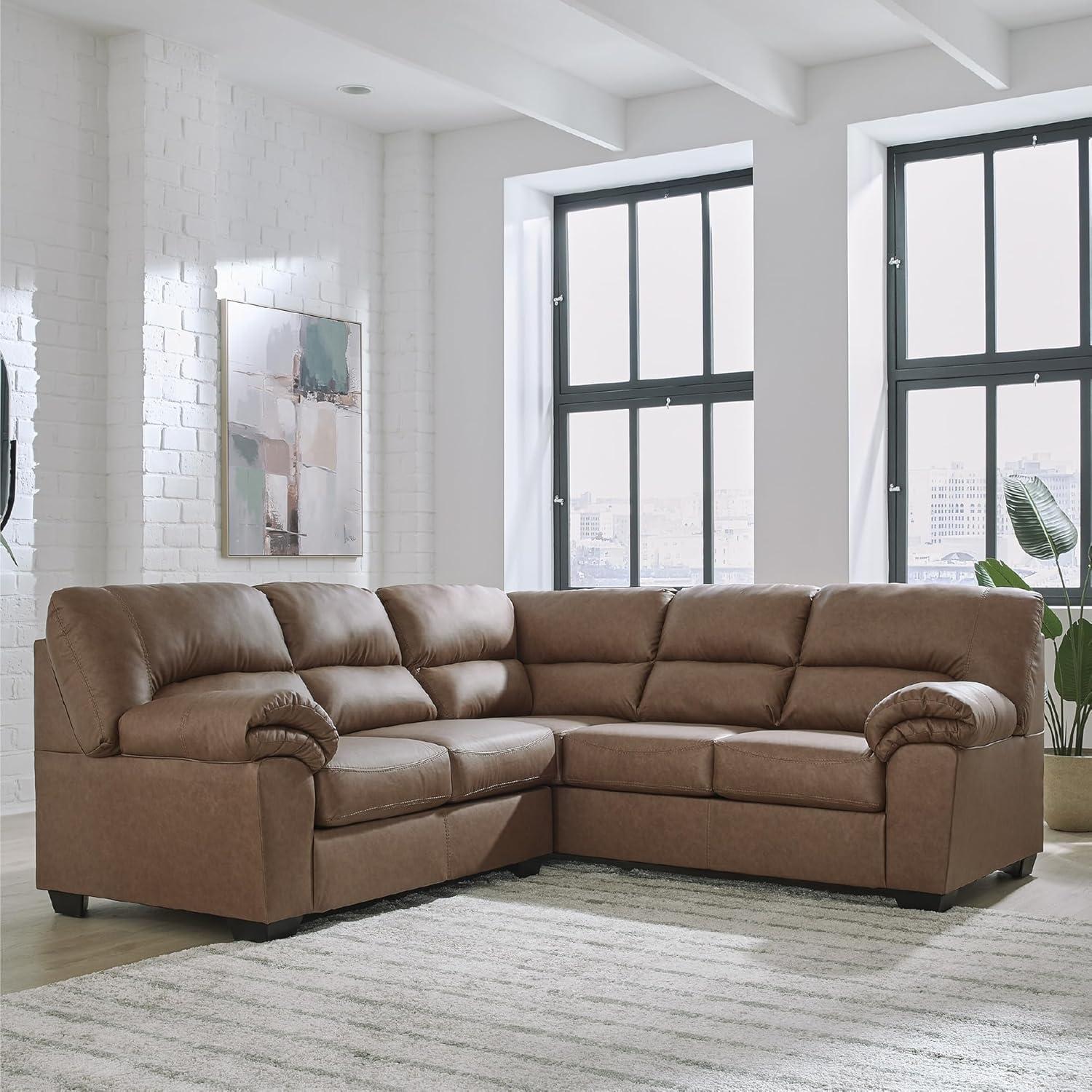 imageSignature Design by Ashley Whitlock LShape LeftArm Facing Contemporary Faux Leather 3Piece Sectional with Removable Cushion Dark BrownCaramel