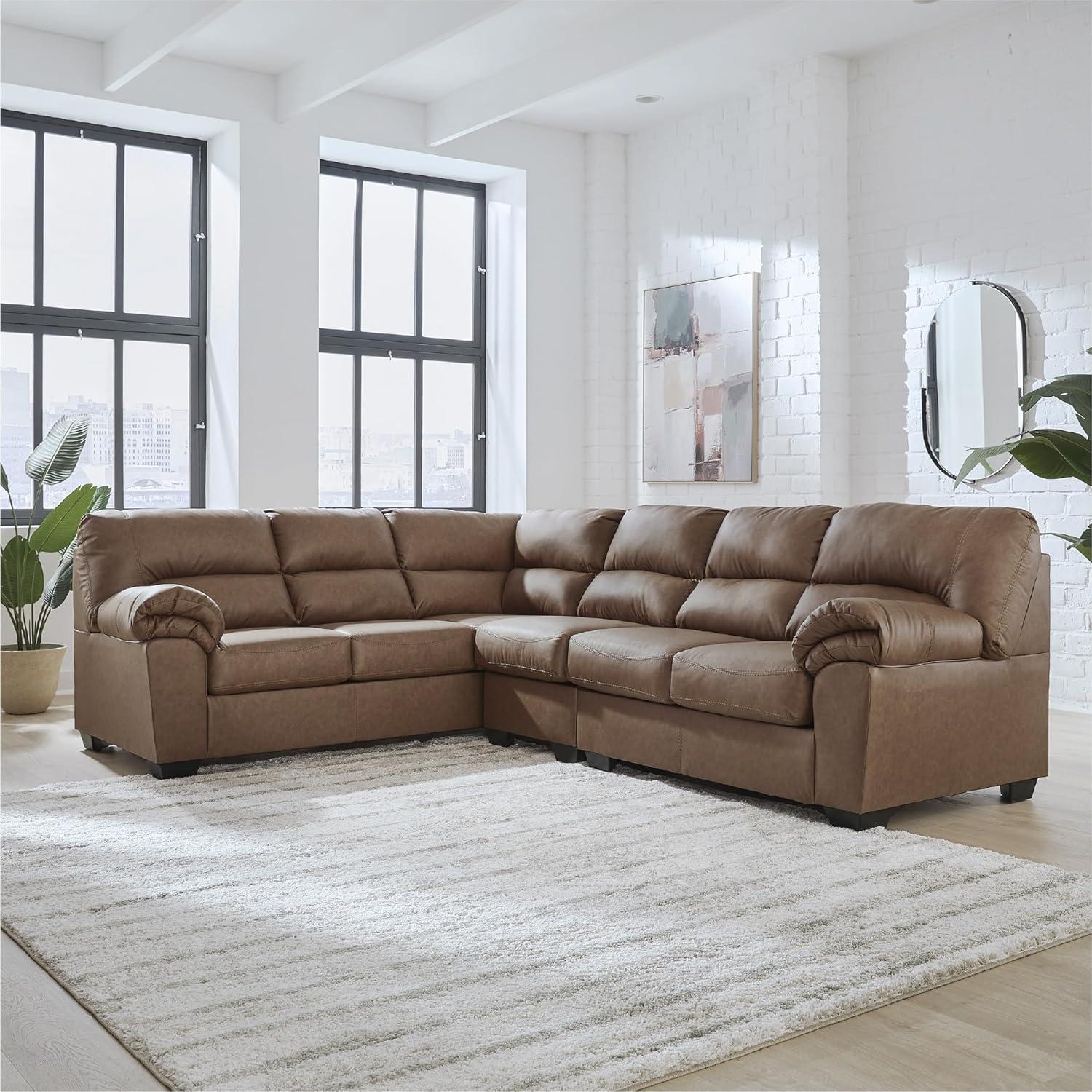 imageSignature Design by Ashley Whitlock LShape LeftArm Facing Contemporary Faux Leather 3Piece Sectional with Removable Cushion Dark BrownCaramel
