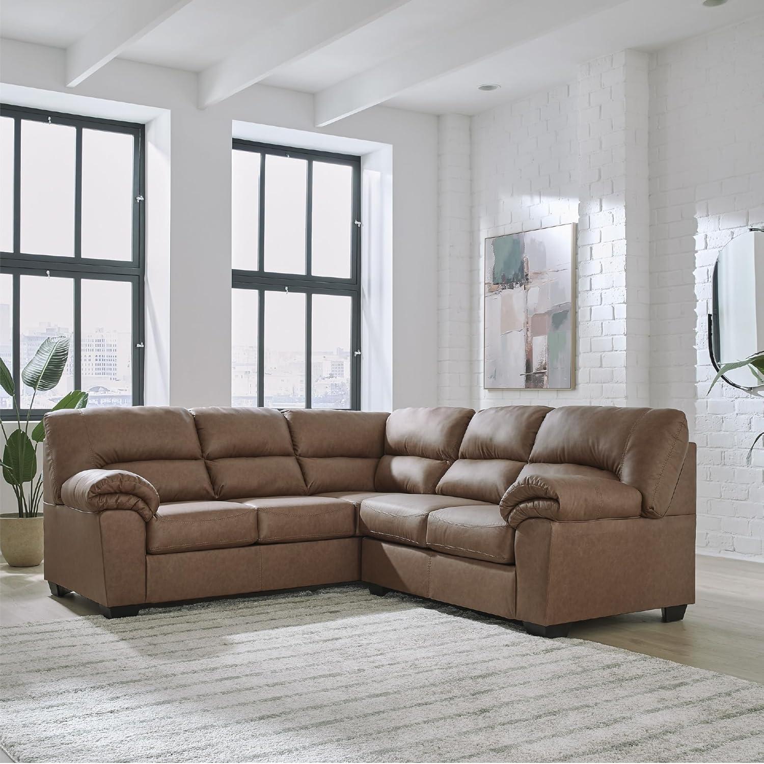 imageSignature Design by Ashley Whitlock LShape LeftArm Facing Contemporary Faux Leather 3Piece Sectional with Removable Cushion Dark BrownCaramel