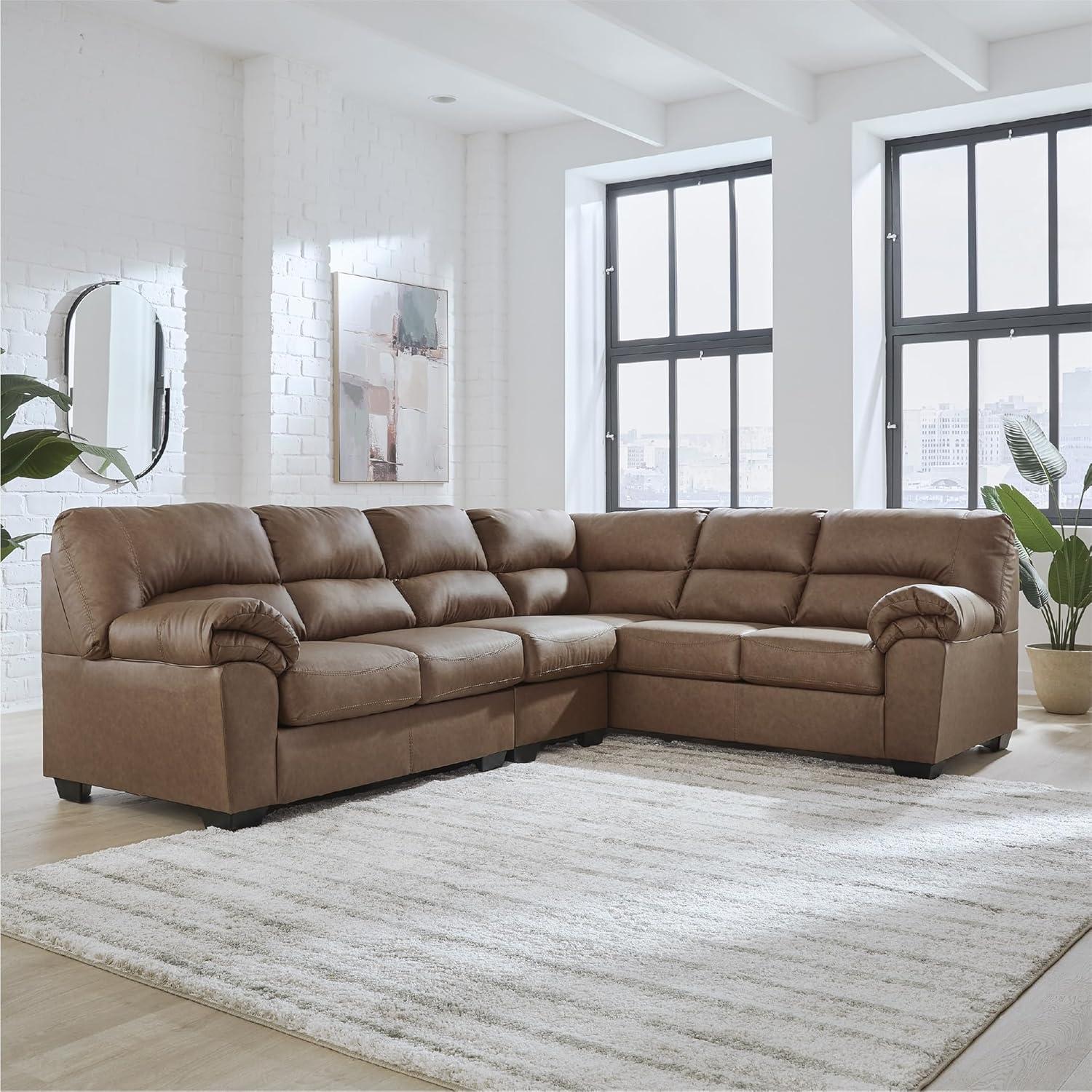 imageSignature Design by Ashley Whitlock LShape LeftArm Facing Contemporary Faux Leather 3Piece Sectional with Removable Cushion Dark BrownCaramel