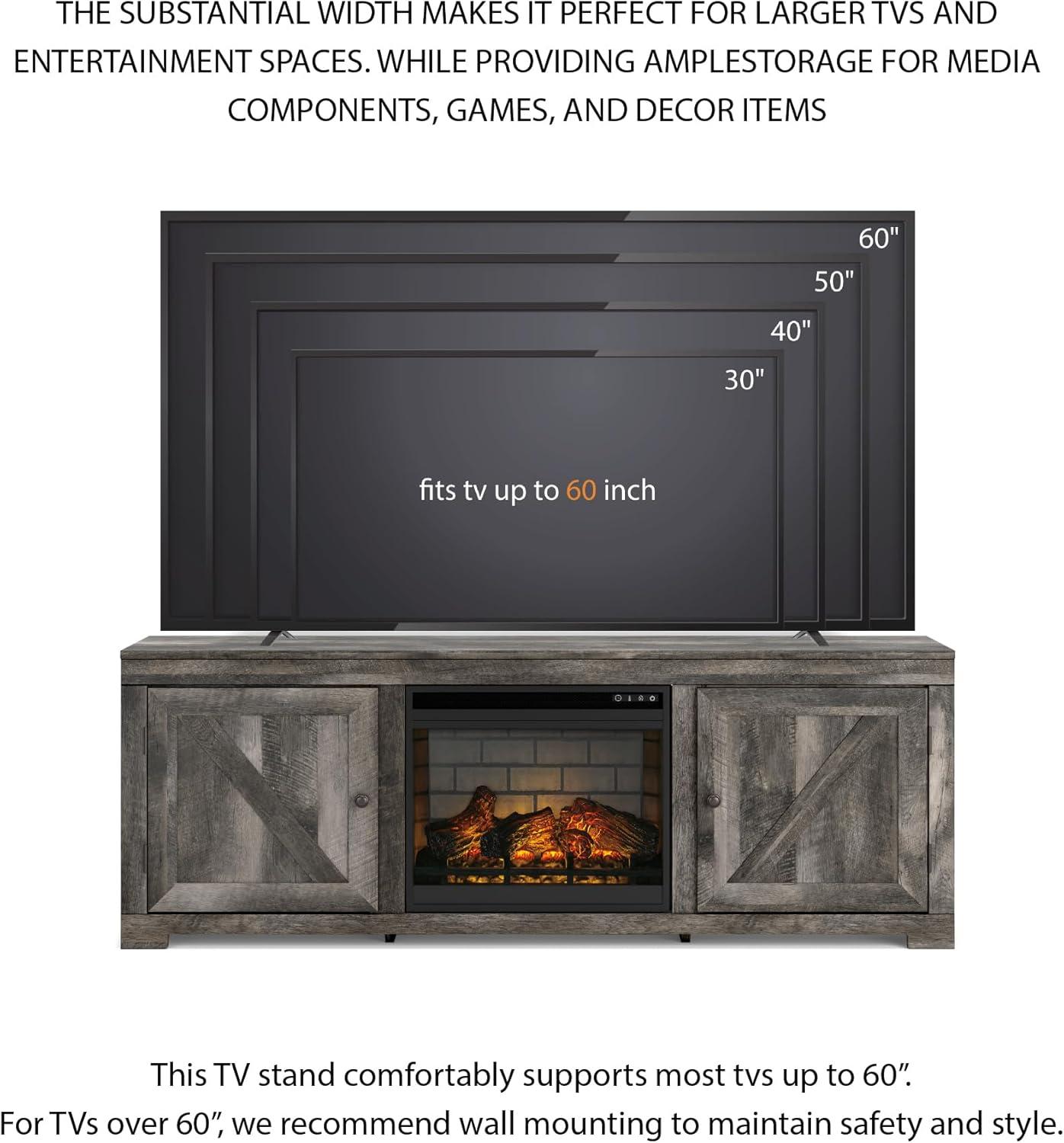 imageSignature Design by Ashley Wynnlow Farmhouse 63 TV Stand for TVs up to 72 with Electric Fireplace and Timer Function Light Gray
