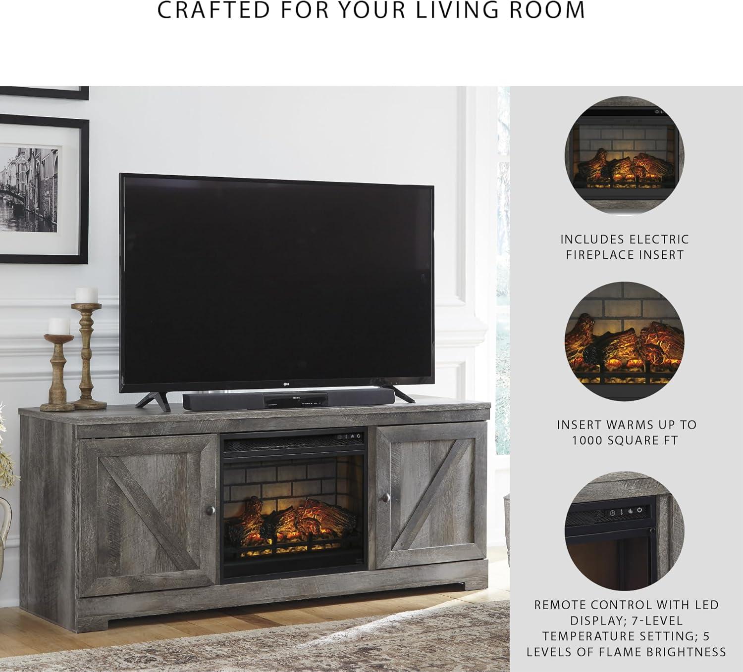 imageSignature Design by Ashley Wynnlow Farmhouse 63 TV Stand for TVs up to 72 with Electric Fireplace and Timer Function Light Gray